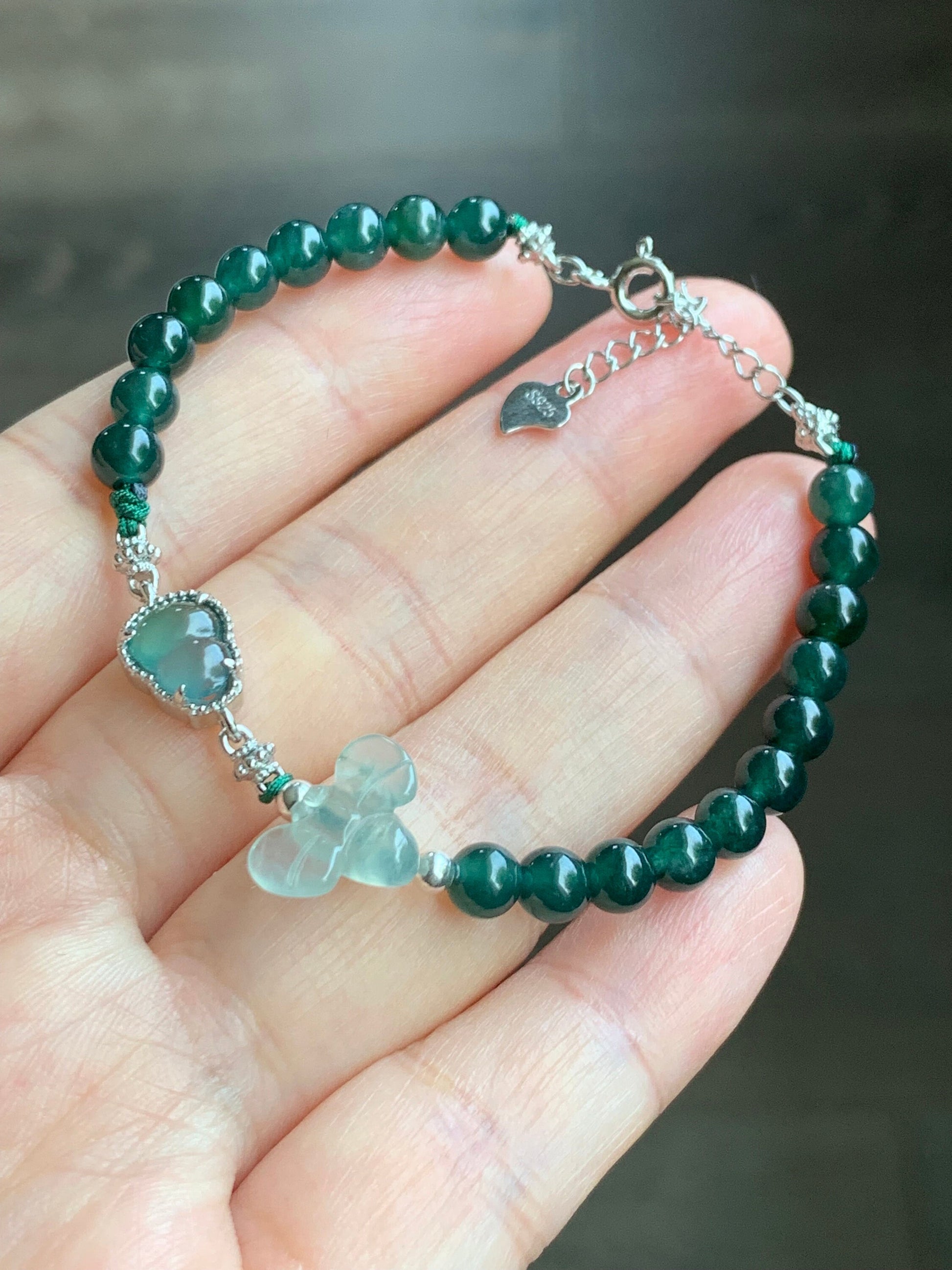 Natural Burmese Premium Icy Jadeite Honeybee Guatemalan Jadeite Gourd Hulu Beaded Bracelet 5.75”-7” Sterling Silver 天然冰危翡翠葫芦深绿珠缅甸翡翠蜜蜂银手链