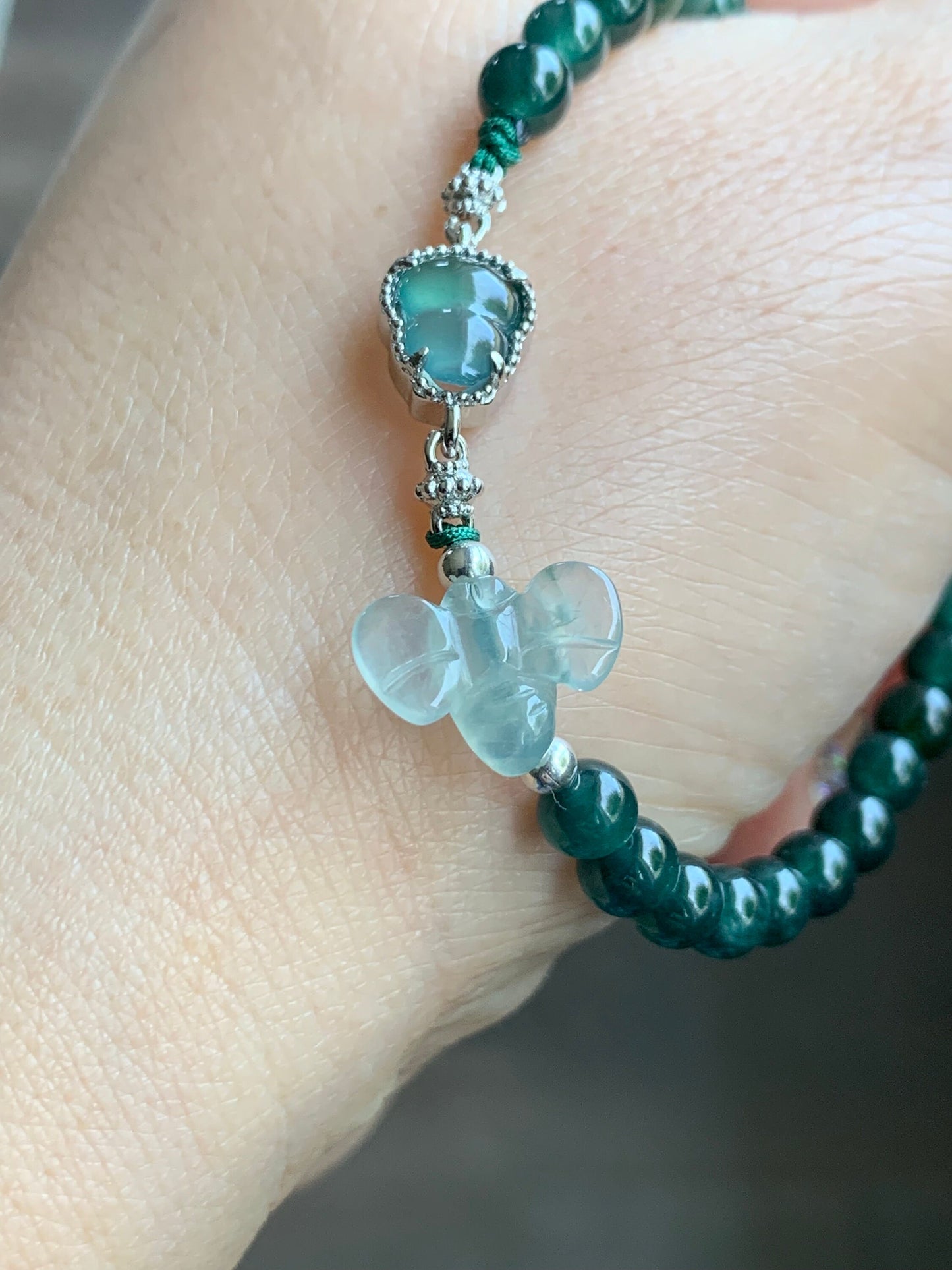 Natural Burmese Premium Icy Jadeite Honeybee Guatemalan Jadeite Gourd Hulu Beaded Bracelet 5.75”-7” Sterling Silver 天然冰危翡翠葫芦深绿珠缅甸翡翠蜜蜂银手链