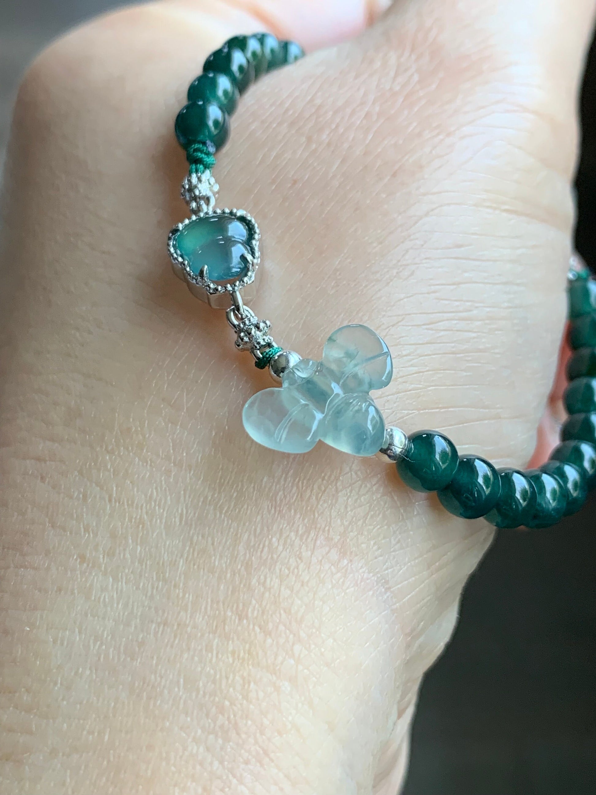 Natural Burmese Premium Icy Jadeite Honeybee Guatemalan Jadeite Gourd Hulu Beaded Bracelet 5.75”-7” Sterling Silver 天然冰危翡翠葫芦深绿珠缅甸翡翠蜜蜂银手链