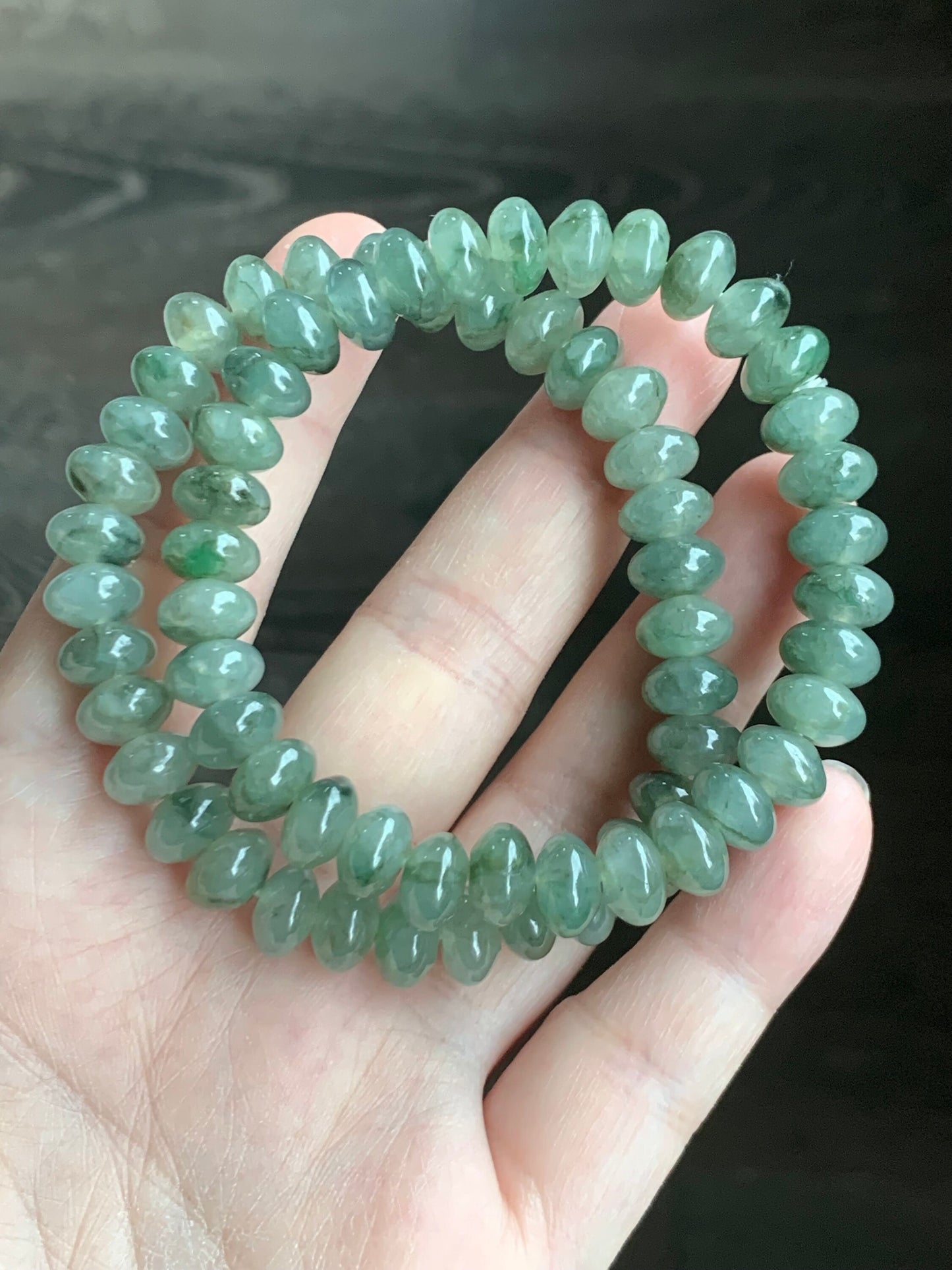 Natural Burmese Icy Translucent Light Green Jadeite Dark Green Marbling Drum Beads Beaded Bracelet Stretchy 6.5” 25g 天然缅甸冰胶晴底飘花翡翠鼓珠手串 31424