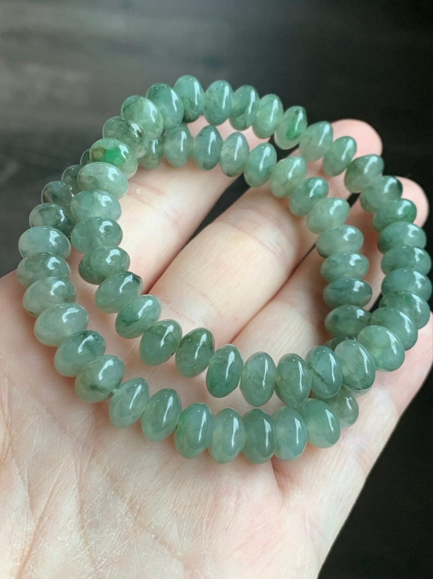 Natural Burmese Icy Translucent Light Green Jadeite Dark Green Marbling Drum Beads Beaded Bracelet Stretchy 6.5” 25g 天然缅甸冰胶晴底飘花翡翠鼓珠手串 31424