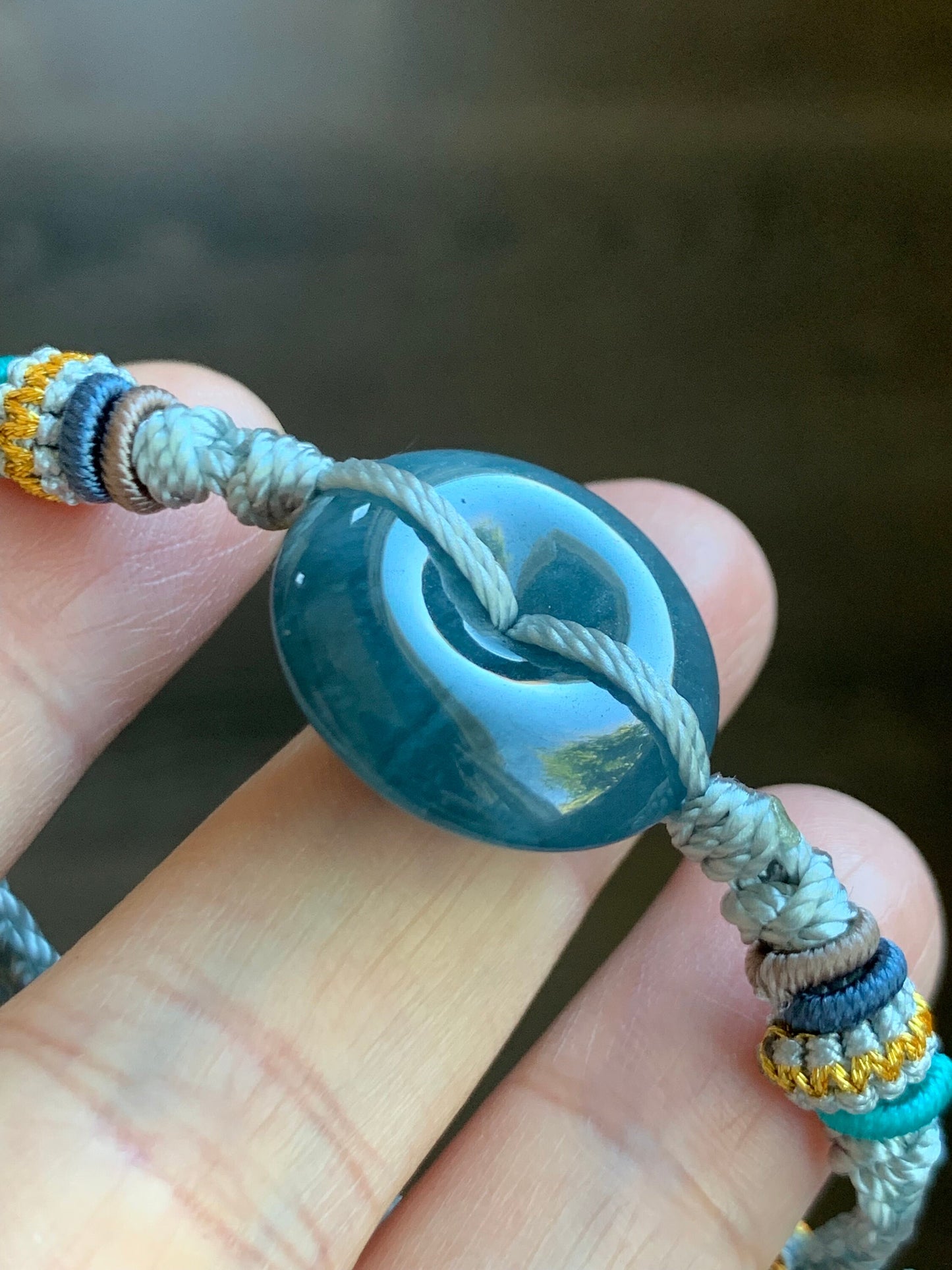 Natural Guatemalan Icy Translucent Deep Blue Jadeite Ping An Kou Donut Rope Bracelet Adjustable up to 9" 天然冰危牛仔蓝翡翠平安扣手绳