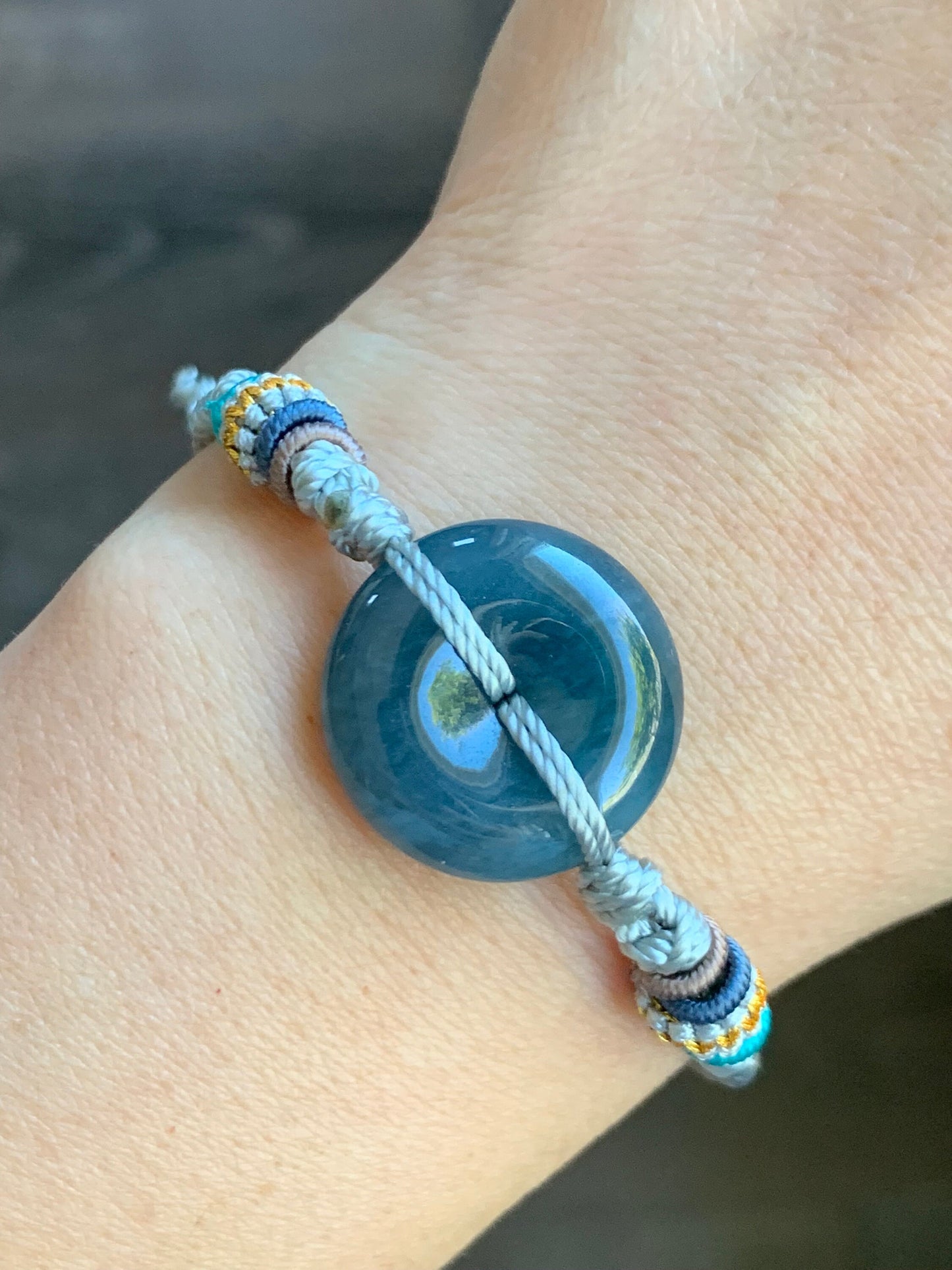 Natural Guatemalan Icy Translucent Deep Blue Jadeite Ping An Kou Donut Rope Bracelet Adjustable up to 9" 天然冰危牛仔蓝翡翠平安扣手绳