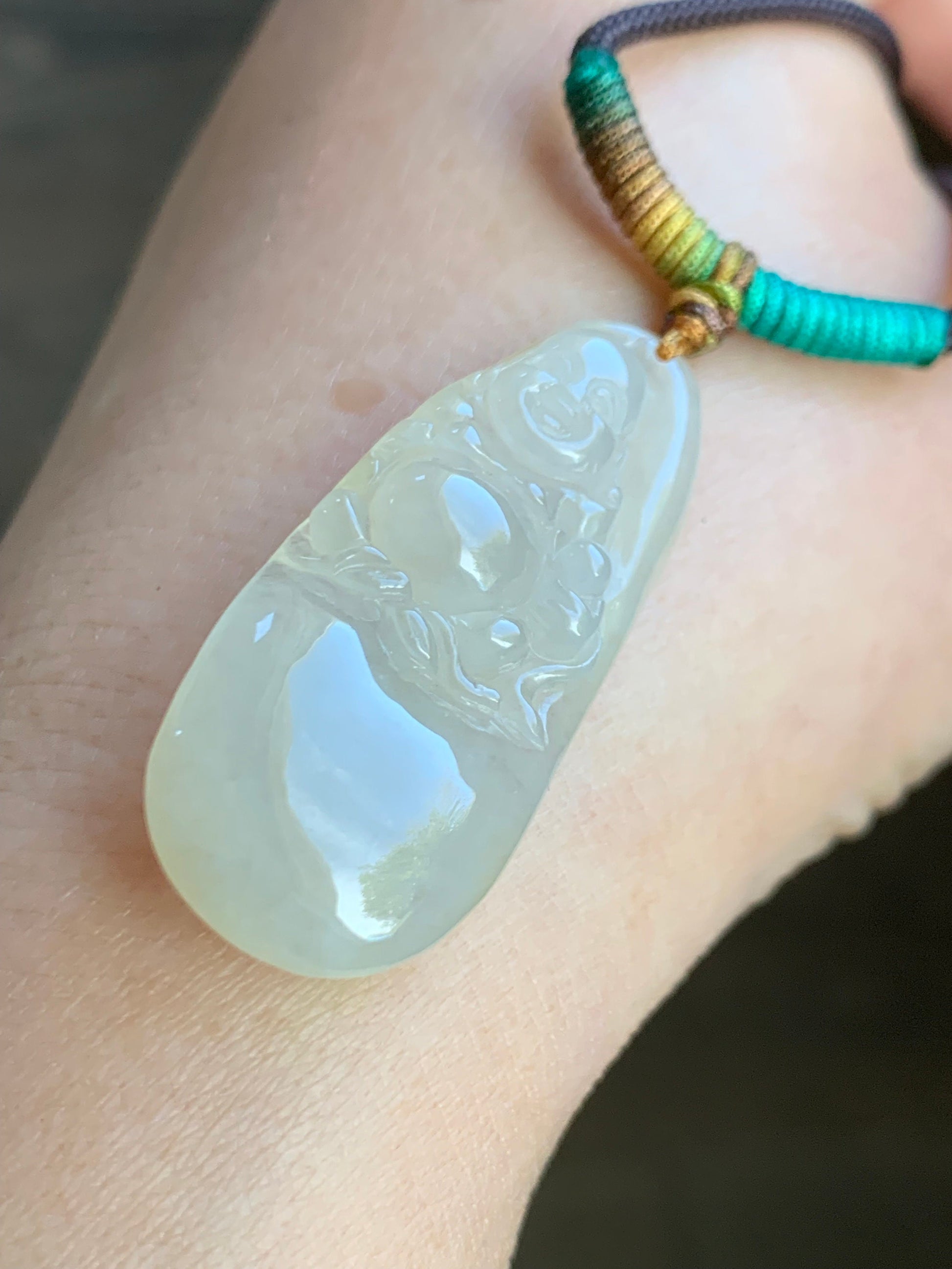 Natural Burmese Grade A Icy Translucent Yellow Sugar Jadeite Buddha Pendant Rope Necklace 26" Adjustable 天然缅甸冰糖雪梨黄翡翠佛公吊坠