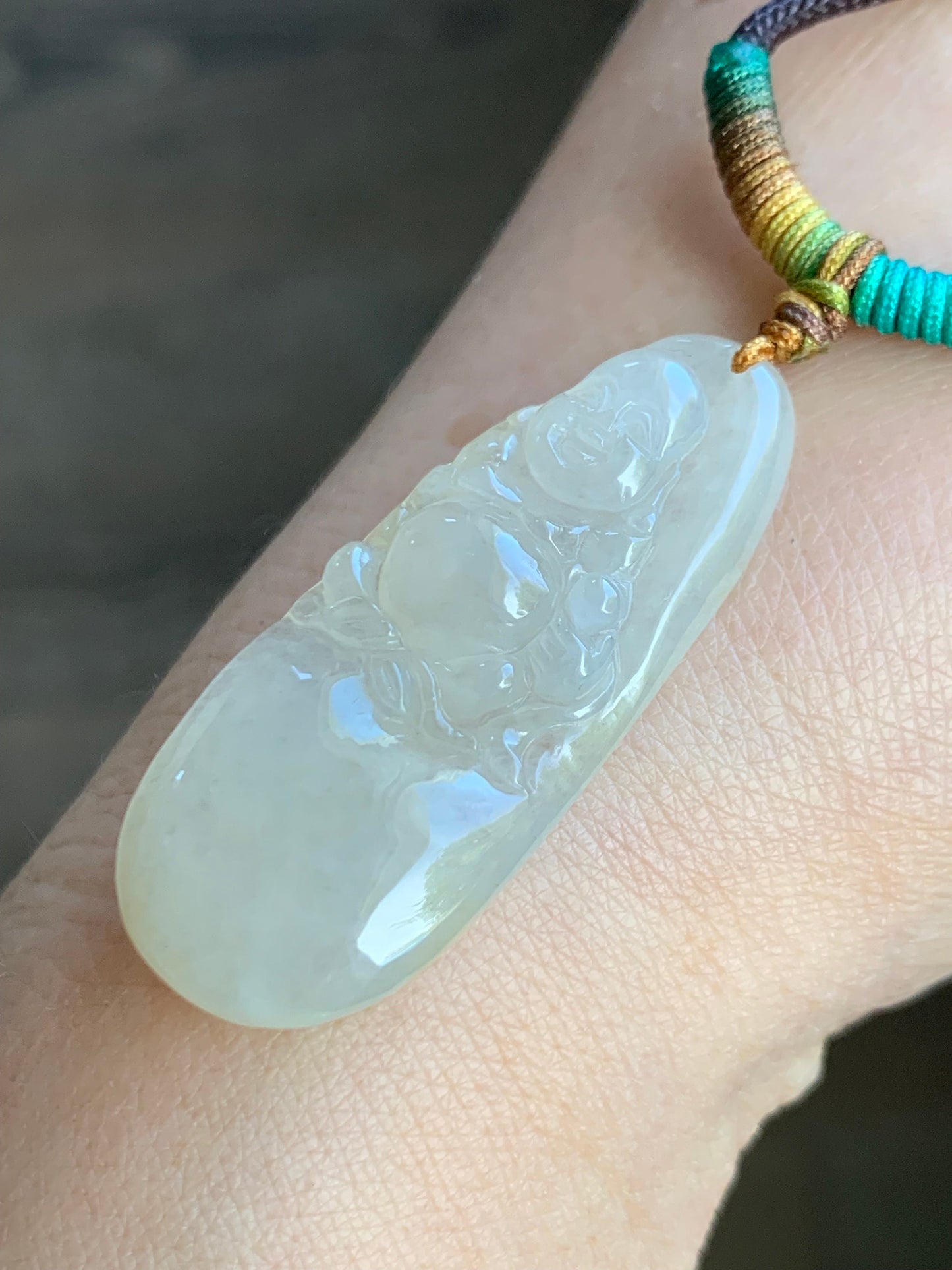 Natural Burmese Grade A Icy Translucent Yellow Sugar Jadeite Buddha Pendant Rope Necklace 26" Adjustable 天然缅甸冰糖雪梨黄翡翠佛公吊坠