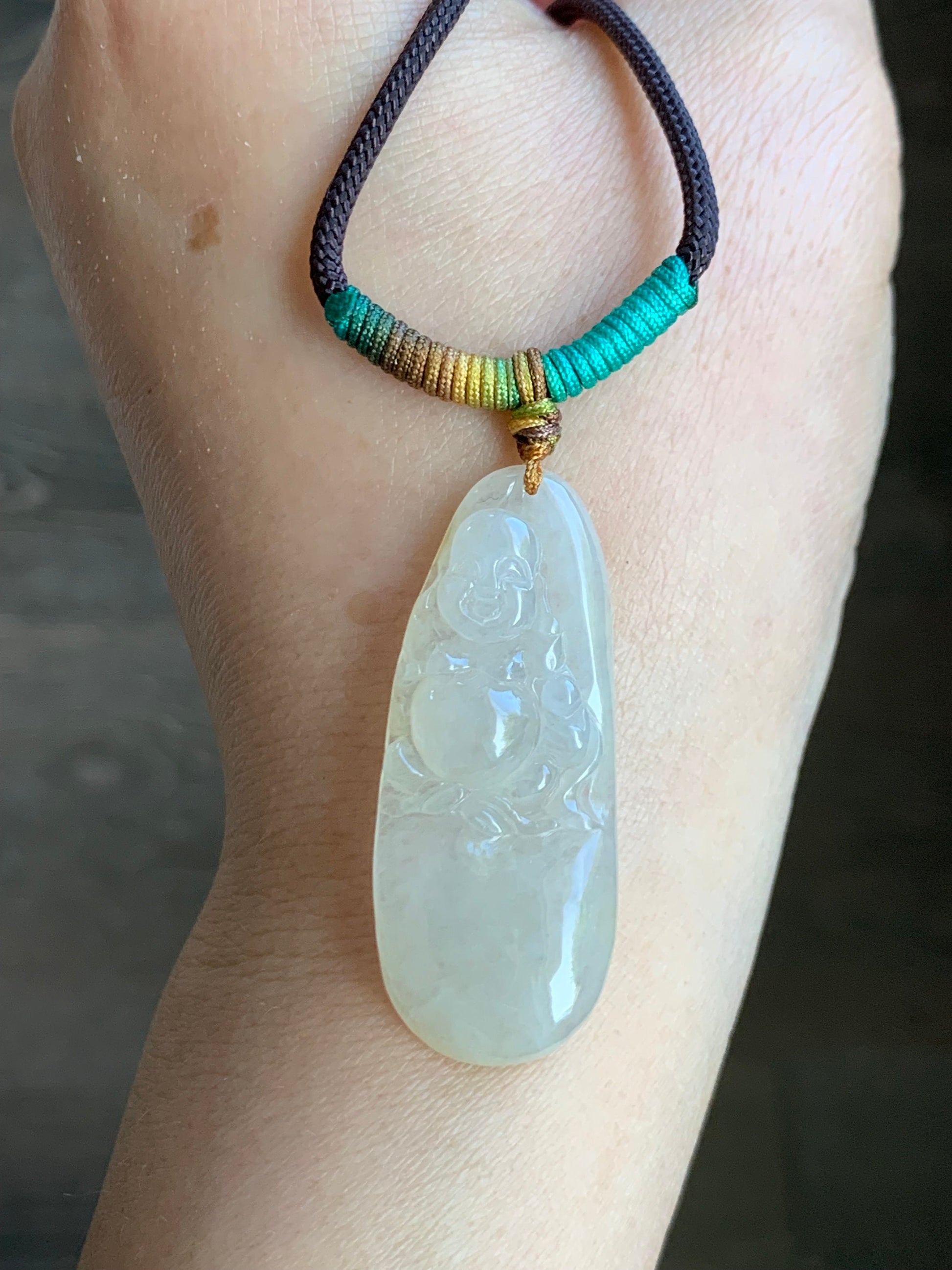 Natural Burmese Grade A Icy Translucent Yellow Sugar Jadeite Buddha Pendant Rope Necklace 26" Adjustable 天然缅甸冰糖雪梨黄翡翠佛公吊坠