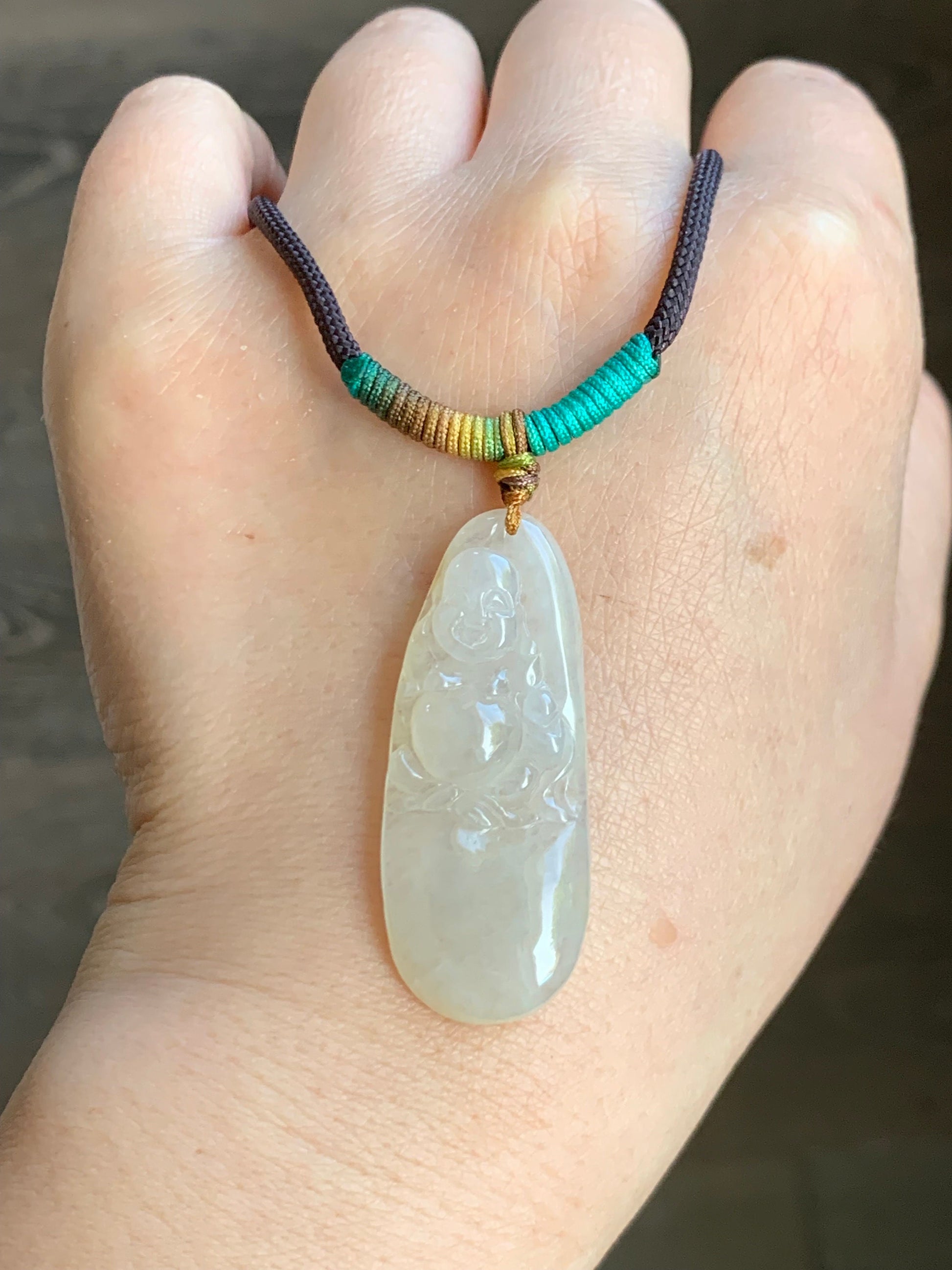 Natural Burmese Grade A Icy Translucent Yellow Sugar Jadeite Buddha Pendant Rope Necklace 26" Adjustable 天然缅甸冰糖雪梨黄翡翠佛公吊坠