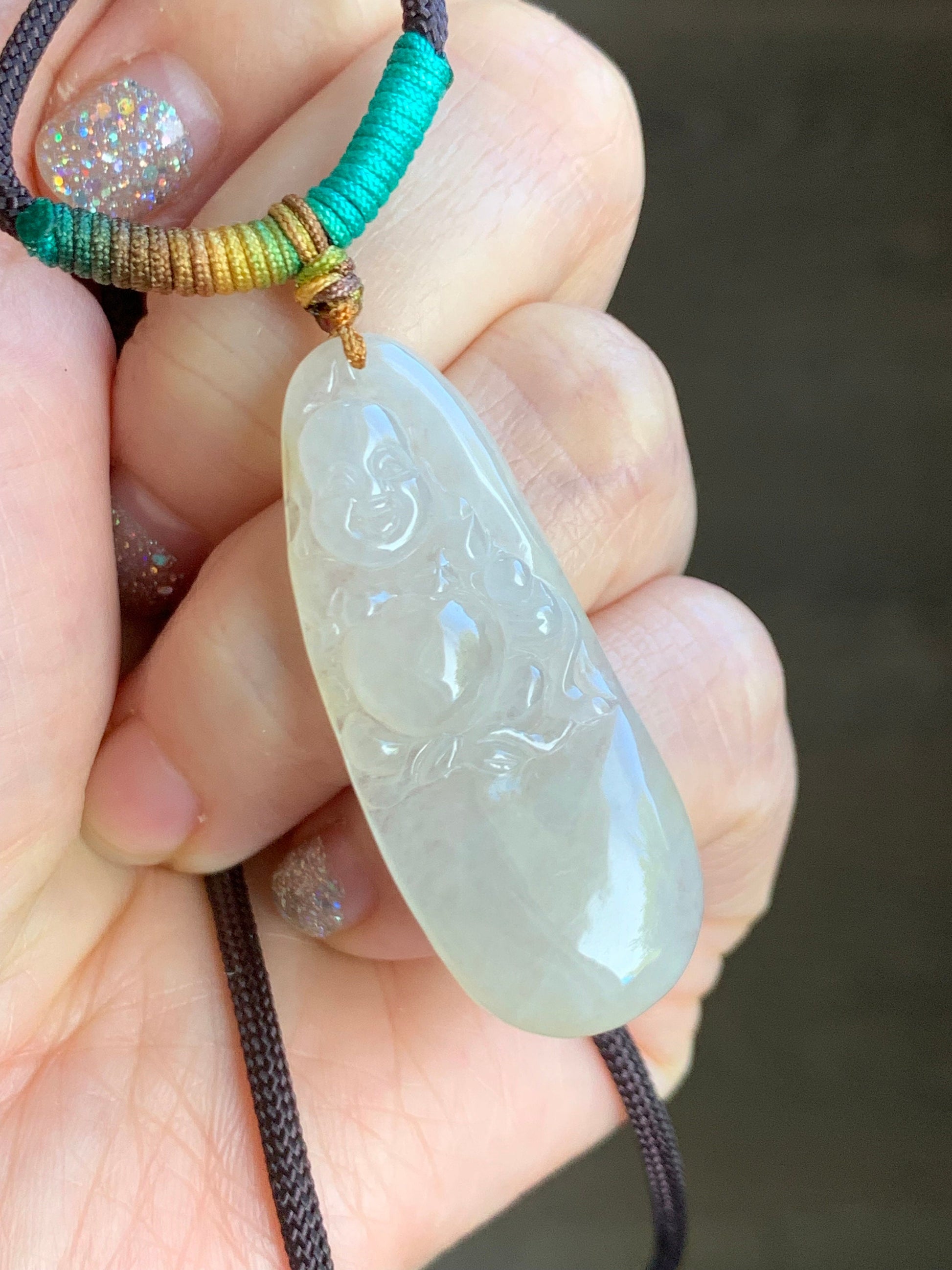 Natural Burmese Grade A Icy Translucent Yellow Sugar Jadeite Buddha Pendant Rope Necklace 26" Adjustable 天然缅甸冰糖雪梨黄翡翠佛公吊坠