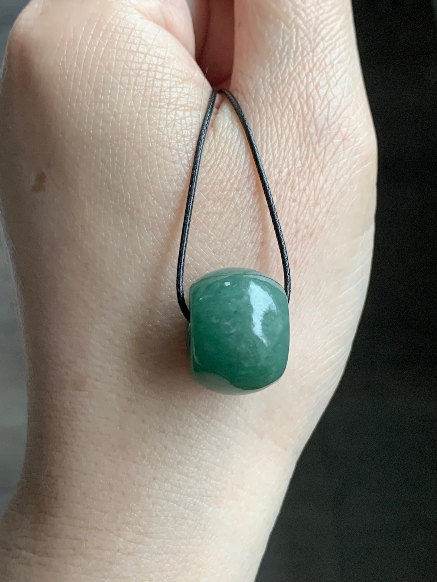 Large Natural Burmese Icy Translucent Dark Dusty Green Jadeite Drum Bead Pendant with Black Cord Necklace 19” 天然缅甸冰糯菠菜绿翡翠肥鼓珠吊坠 A