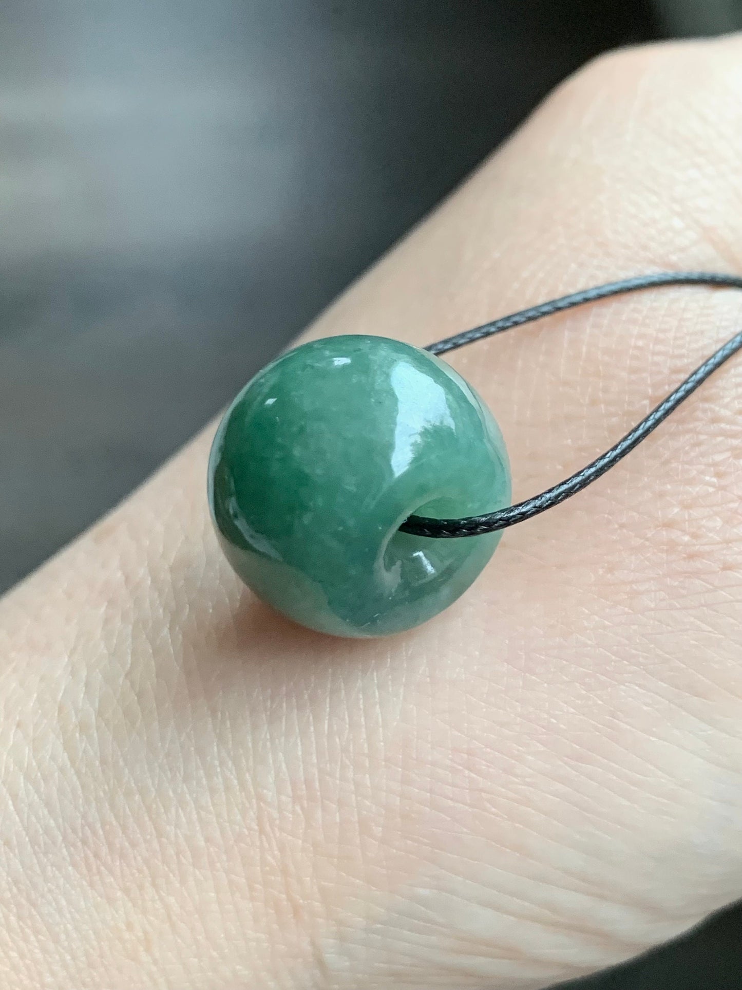 Large Natural Burmese Icy Translucent Dark Dusty Green Jadeite Drum Bead Pendant with Black Cord Necklace 19” 天然缅甸冰糯菠菜绿翡翠肥鼓珠吊坠 A