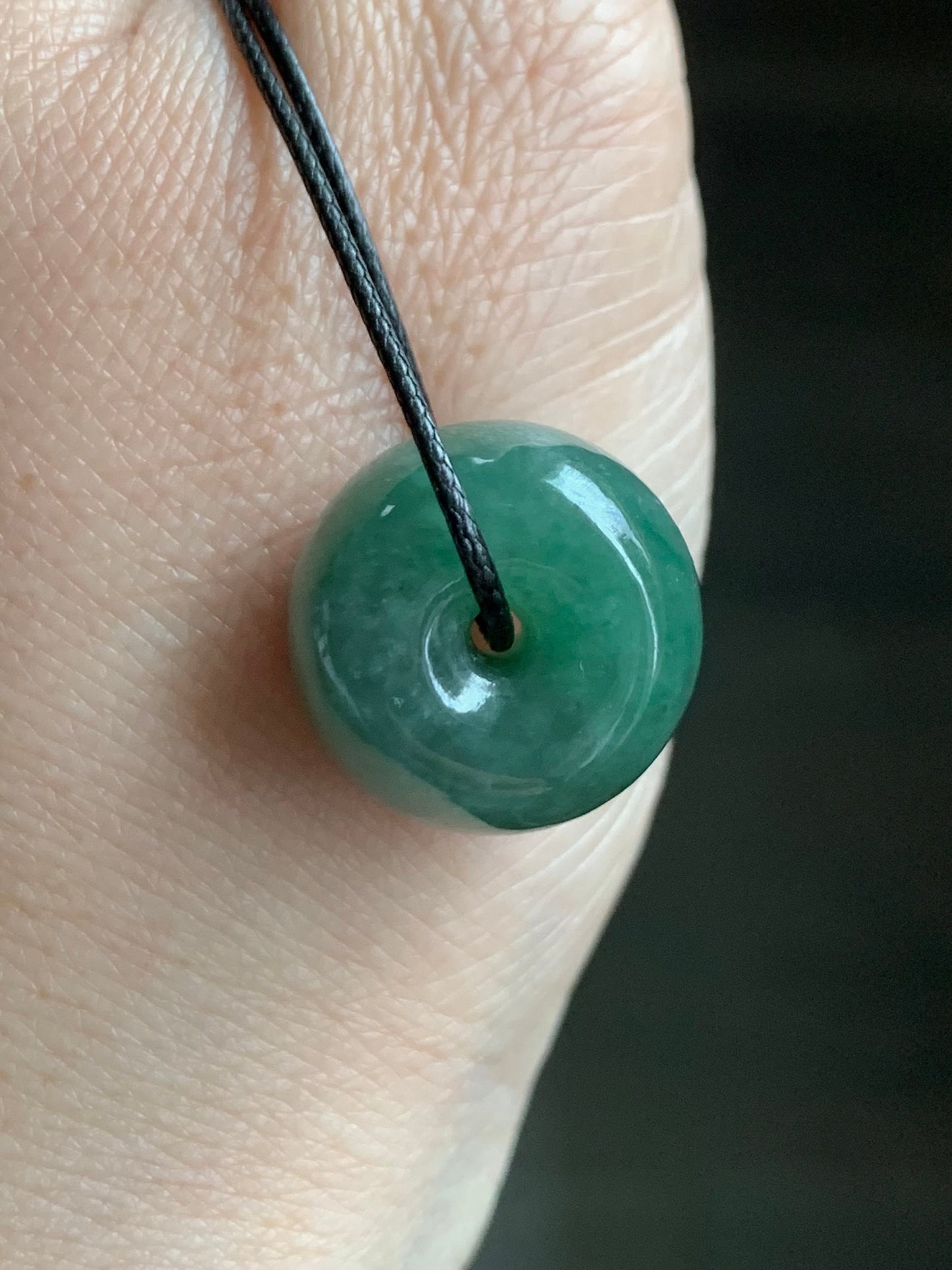 Large Natural Burmese Icy Translucent Dark Dusty Green Jadeite Drum Bead Pendant with Black Cord Necklace 19” 天然缅甸冰糯菠菜绿翡翠肥鼓珠吊坠 A