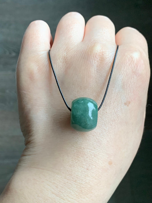 Large Natural Burmese Icy Translucent Dark Dusty Green Jadeite Drum Bead Pendant with Black Cord Necklace 19” 天然缅甸冰糯菠菜绿翡翠肥鼓珠吊坠 A