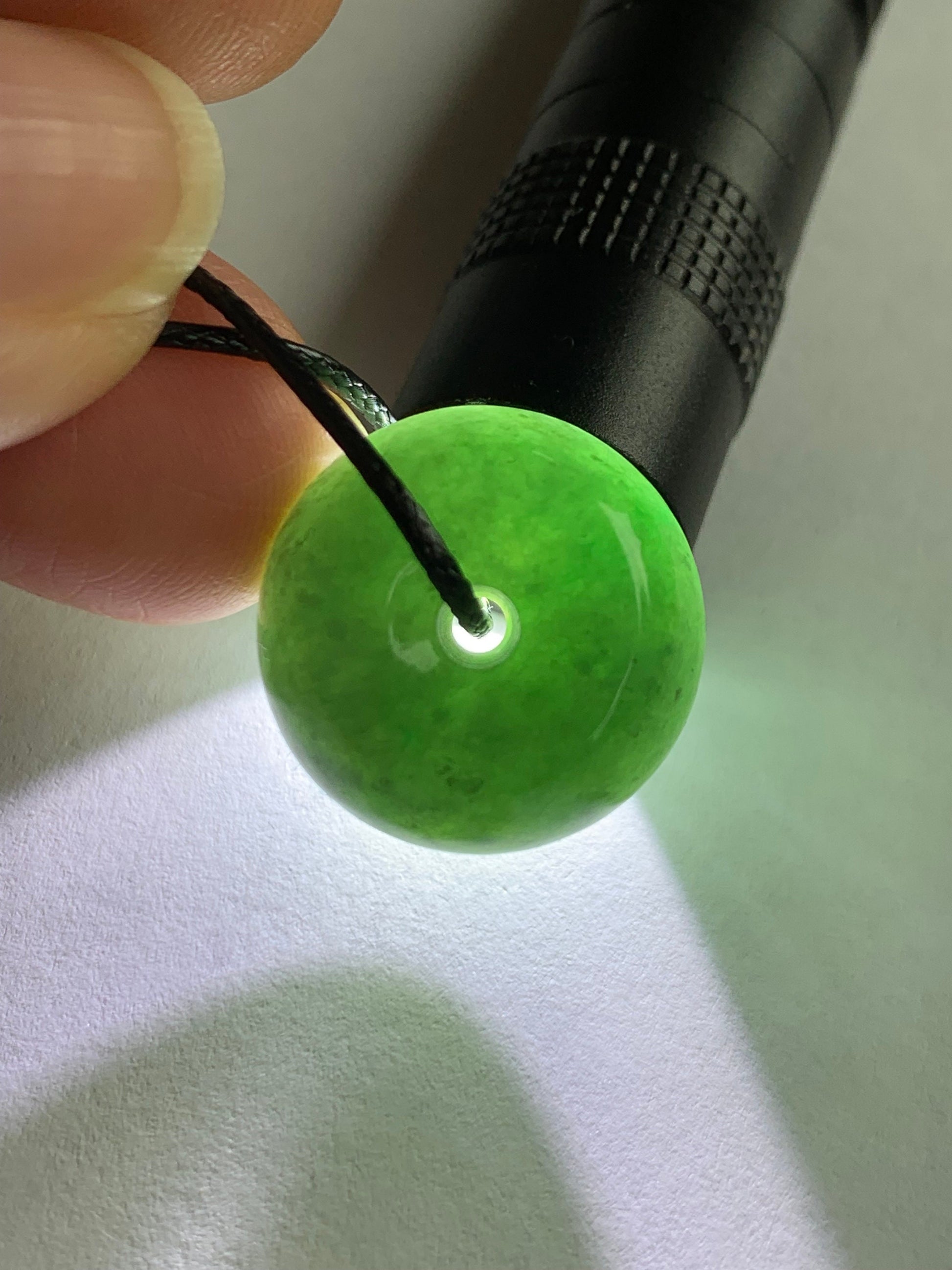 Large Natural Burmese Icy Translucent Dark Dusty Green Jadeite Drum Bead Pendant with Black Cord Necklace 19” 天然缅甸冰糯菠菜绿翡翠肥鼓珠吊坠 A