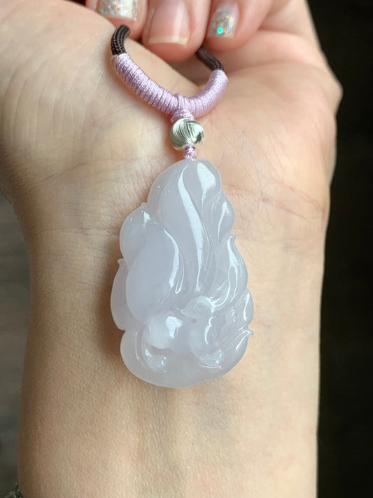 Certified Natural Burmese Icy Translucent Pastel Pinkish Purple Jadeite Carved Nine-Tailed Fox Pendant Rope Necklace 27” 天然缅甸冰胶淡粉紫翡翠九尾狐吊坠