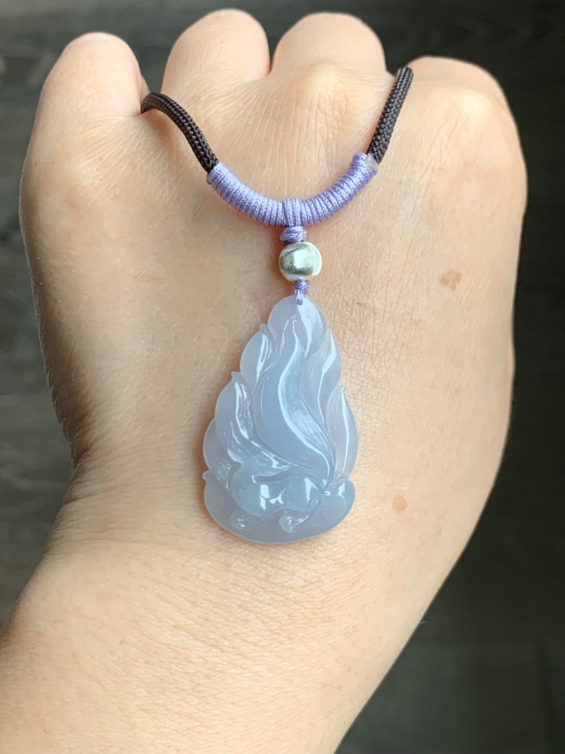 Certified Natural Burmese Icy Translucent Gelatinous Soft Purple Jadeite Carved Nine-Tailed Fox Pendant Rope Necklace 26” 天然缅甸冰胶淡紫翡翠九尾狐吊坠