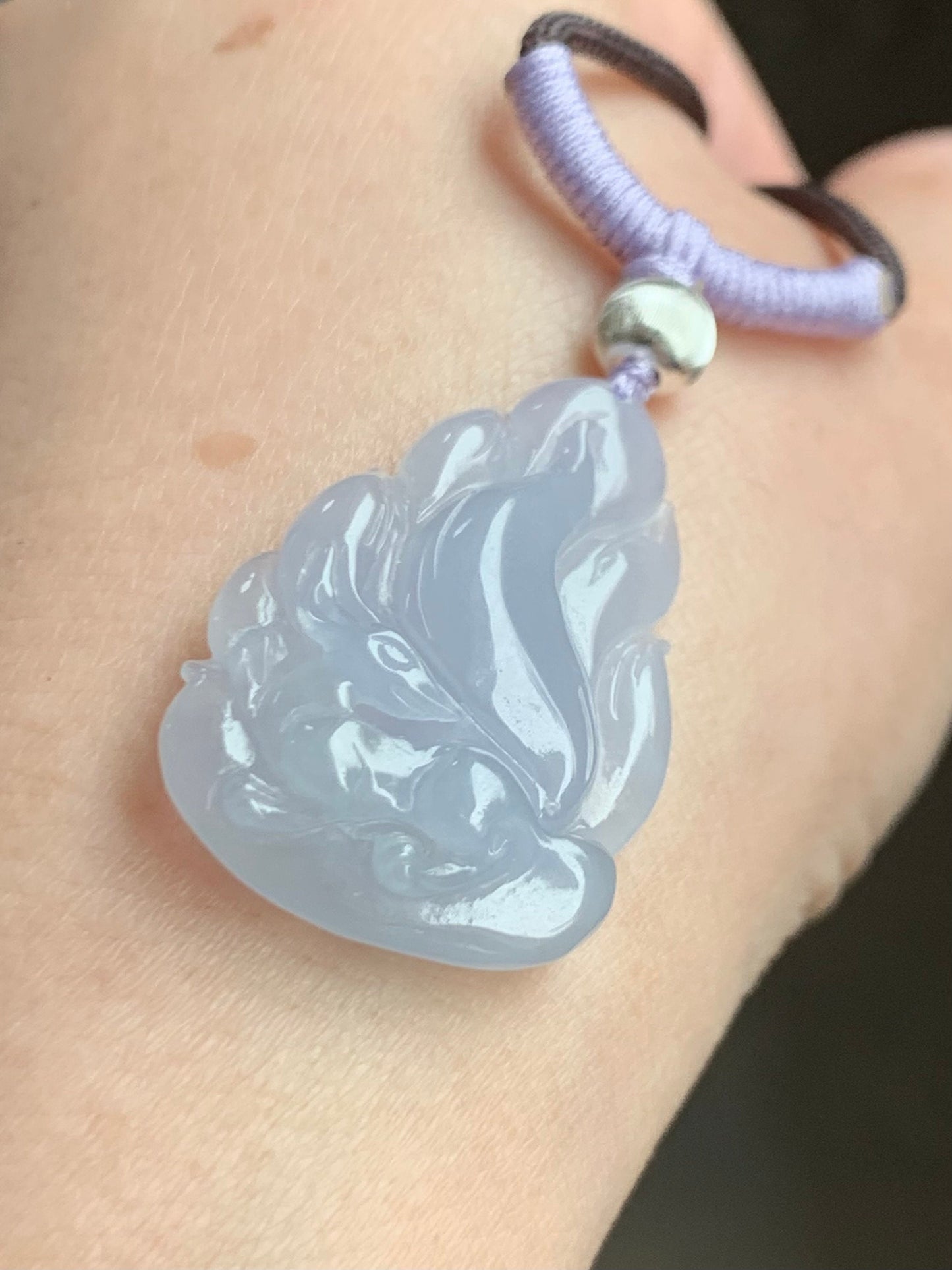 Certified Natural Burmese Icy Translucent Gelatinous Soft Purple Jadeite Carved Nine-Tailed Fox Pendant Rope Necklace 26” 天然缅甸冰胶淡紫翡翠九尾狐吊坠