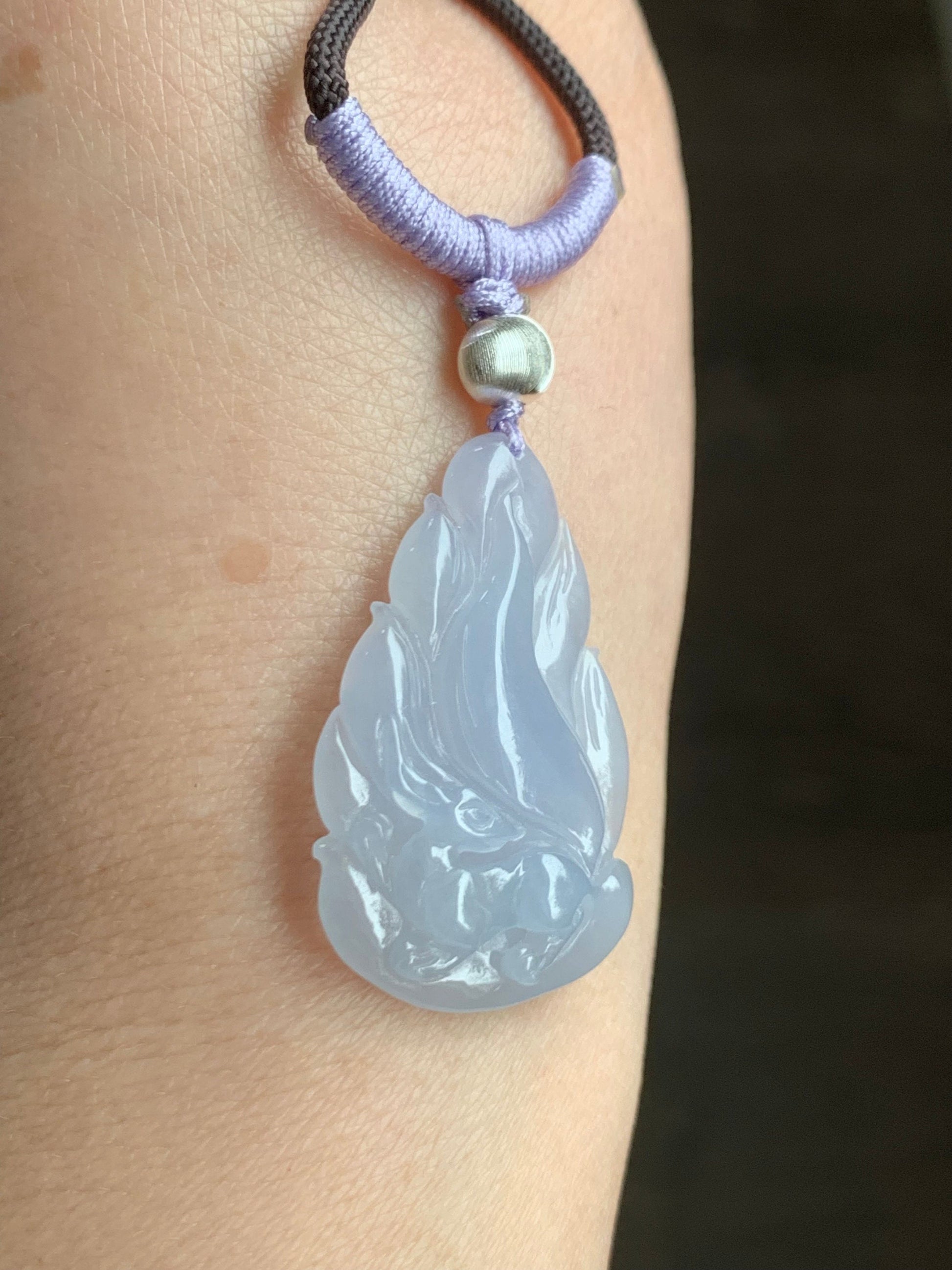 Certified Natural Burmese Icy Translucent Gelatinous Soft Purple Jadeite Carved Nine-Tailed Fox Pendant Rope Necklace 26” 天然缅甸冰胶淡紫翡翠九尾狐吊坠