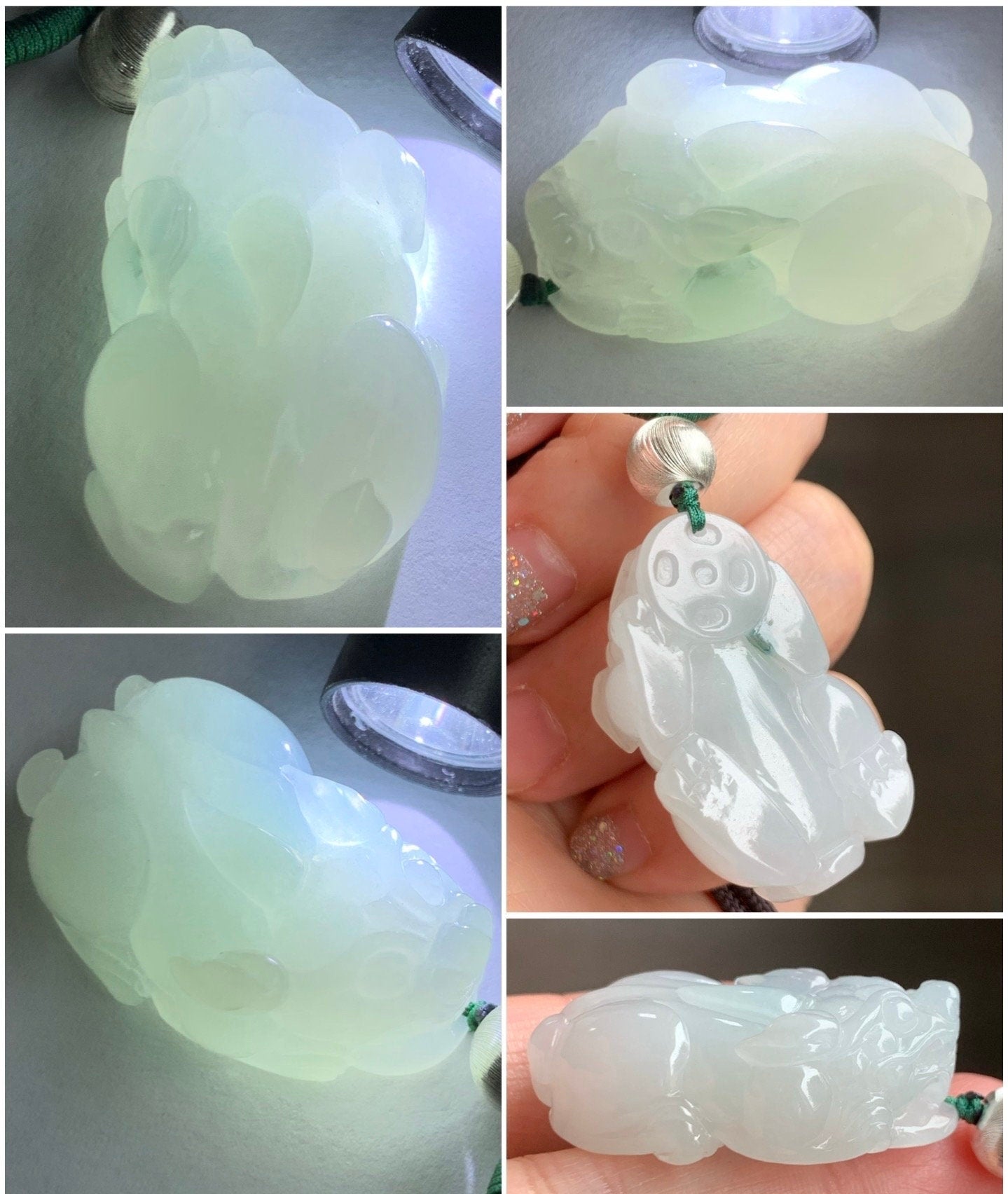 Natural Burmese Icy Translucent Gelatinous White Jadeite Pixiu Pendant Rope Necklace Sterling Silver 26" Adjustable 20g 天然缅甸白冰胶玛瑙底飘绿翡翠貔貅吊坠