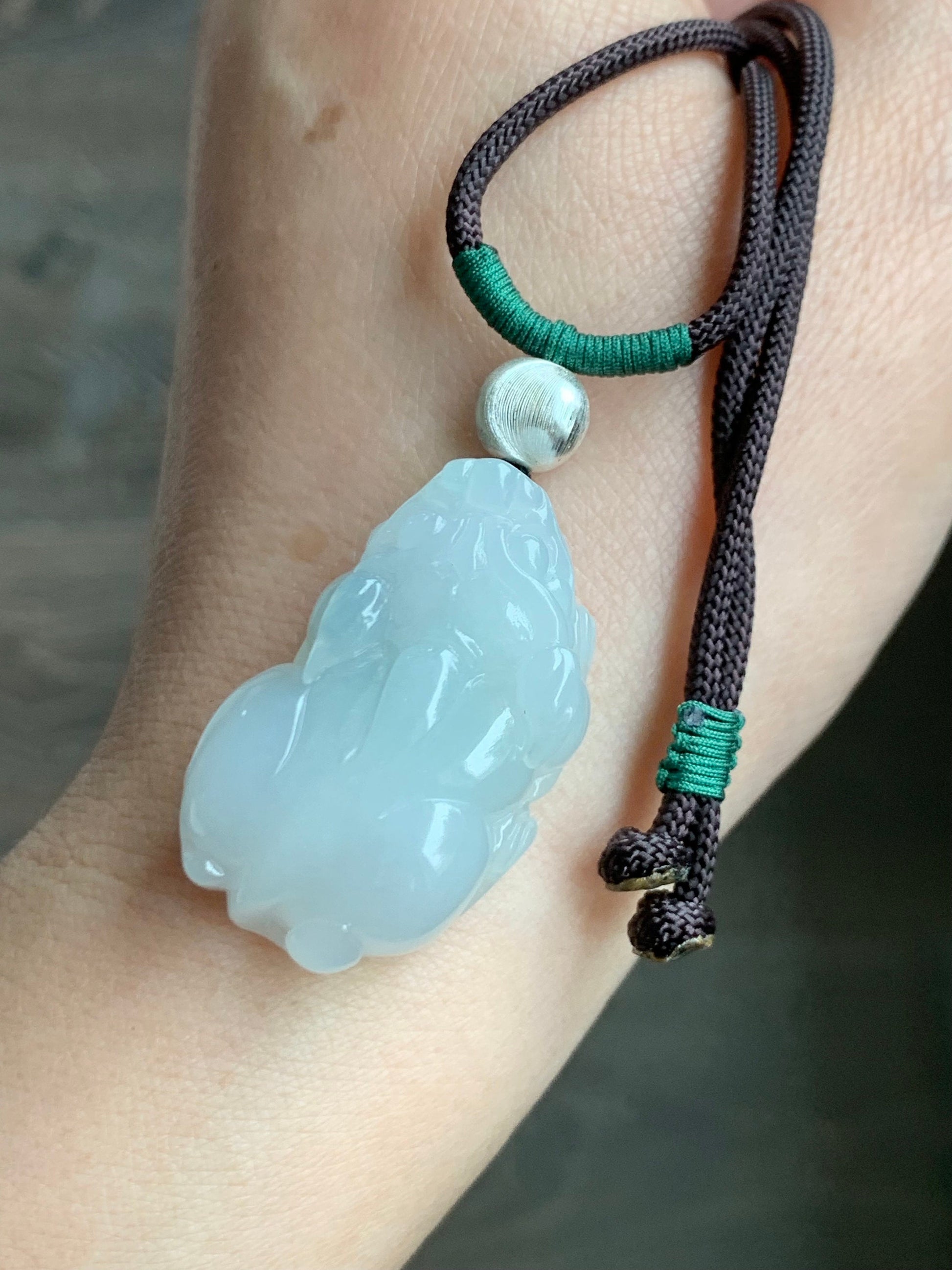 Natural Burmese Icy Translucent Gelatinous White Jadeite Pixiu Pendant Rope Necklace Sterling Silver 26" Adjustable 20g 天然缅甸白冰胶玛瑙底飘绿翡翠貔貅吊坠