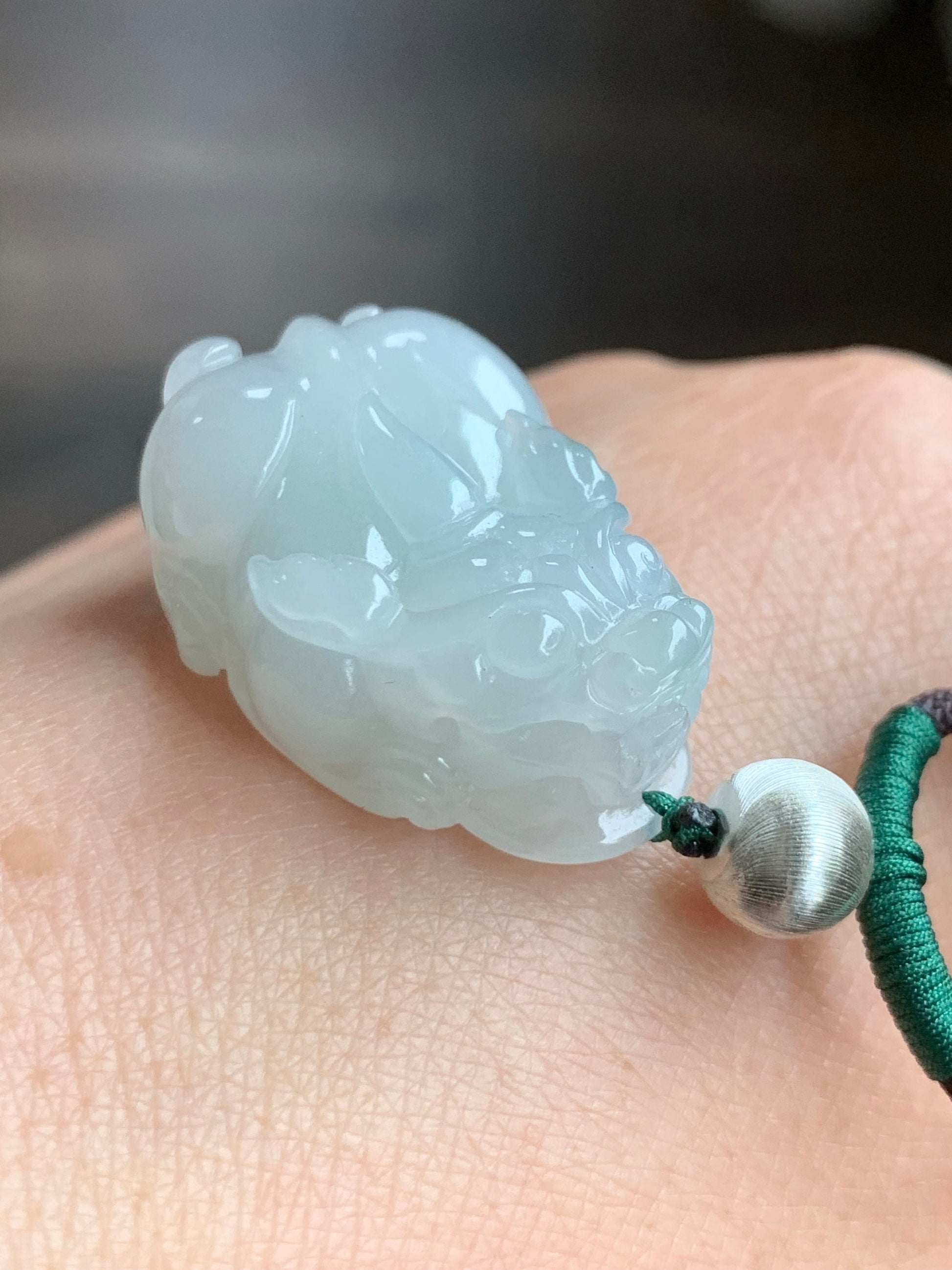 Natural Burmese Icy Translucent Gelatinous White Jadeite Pixiu Pendant Rope Necklace Sterling Silver 26" Adjustable 20g 天然缅甸白冰胶玛瑙底飘绿翡翠貔貅吊坠