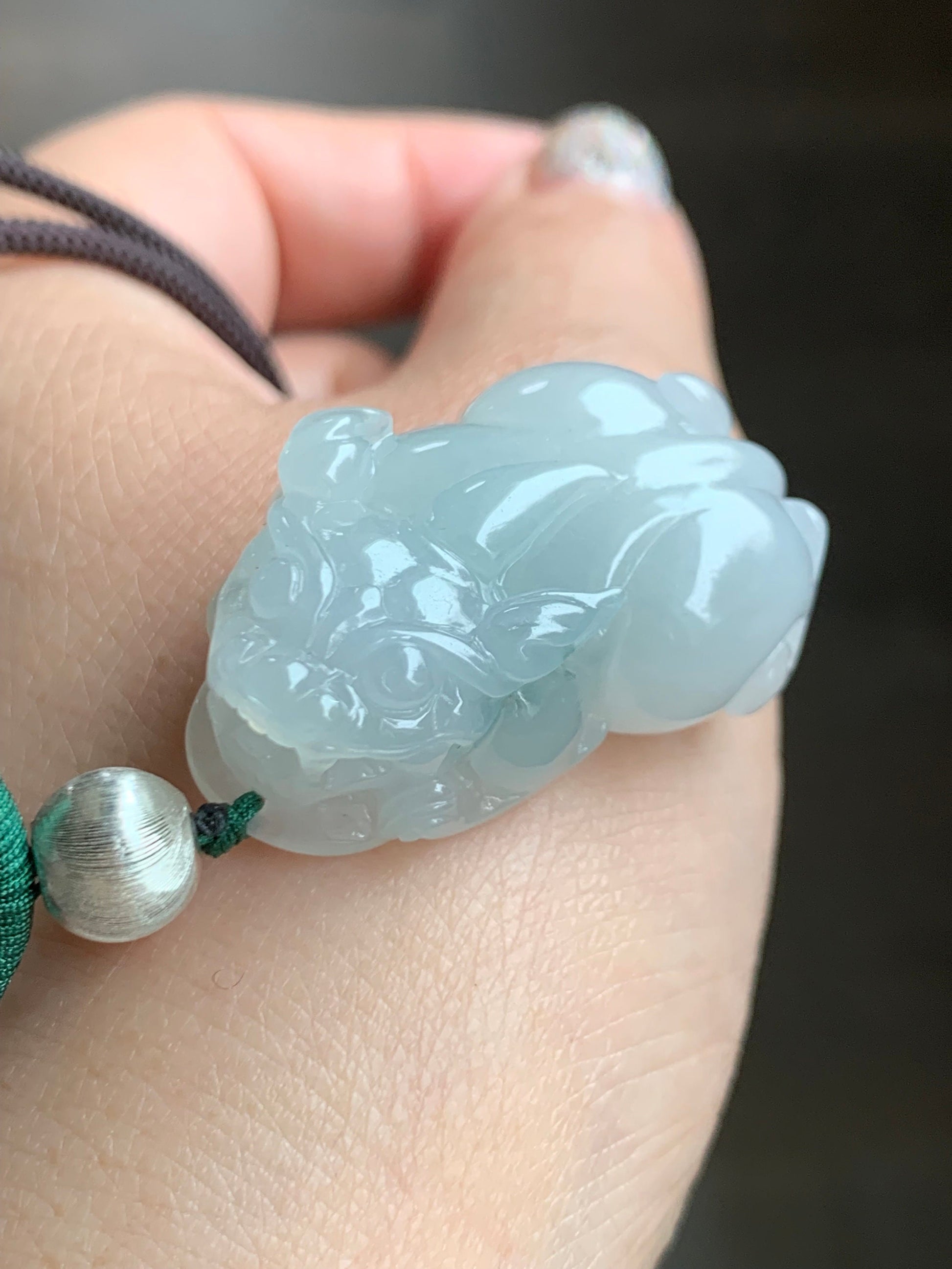 Natural Burmese Icy Translucent Gelatinous White Jadeite Pixiu Pendant Rope Necklace Sterling Silver 26" Adjustable 20g 天然缅甸白冰胶玛瑙底飘绿翡翠貔貅吊坠