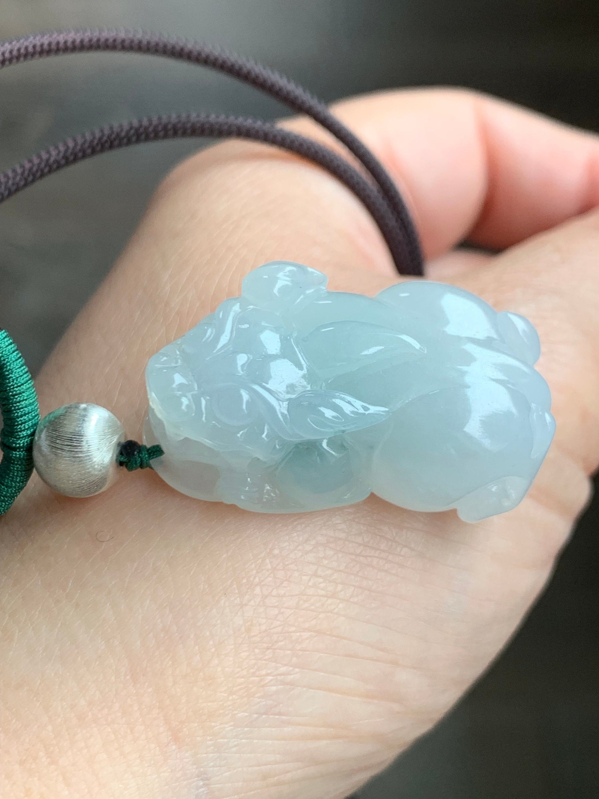 Natural Burmese Icy Translucent Gelatinous White Jadeite Pixiu Pendant Rope Necklace Sterling Silver 26" Adjustable 20g 天然缅甸白冰胶玛瑙底飘绿翡翠貔貅吊坠