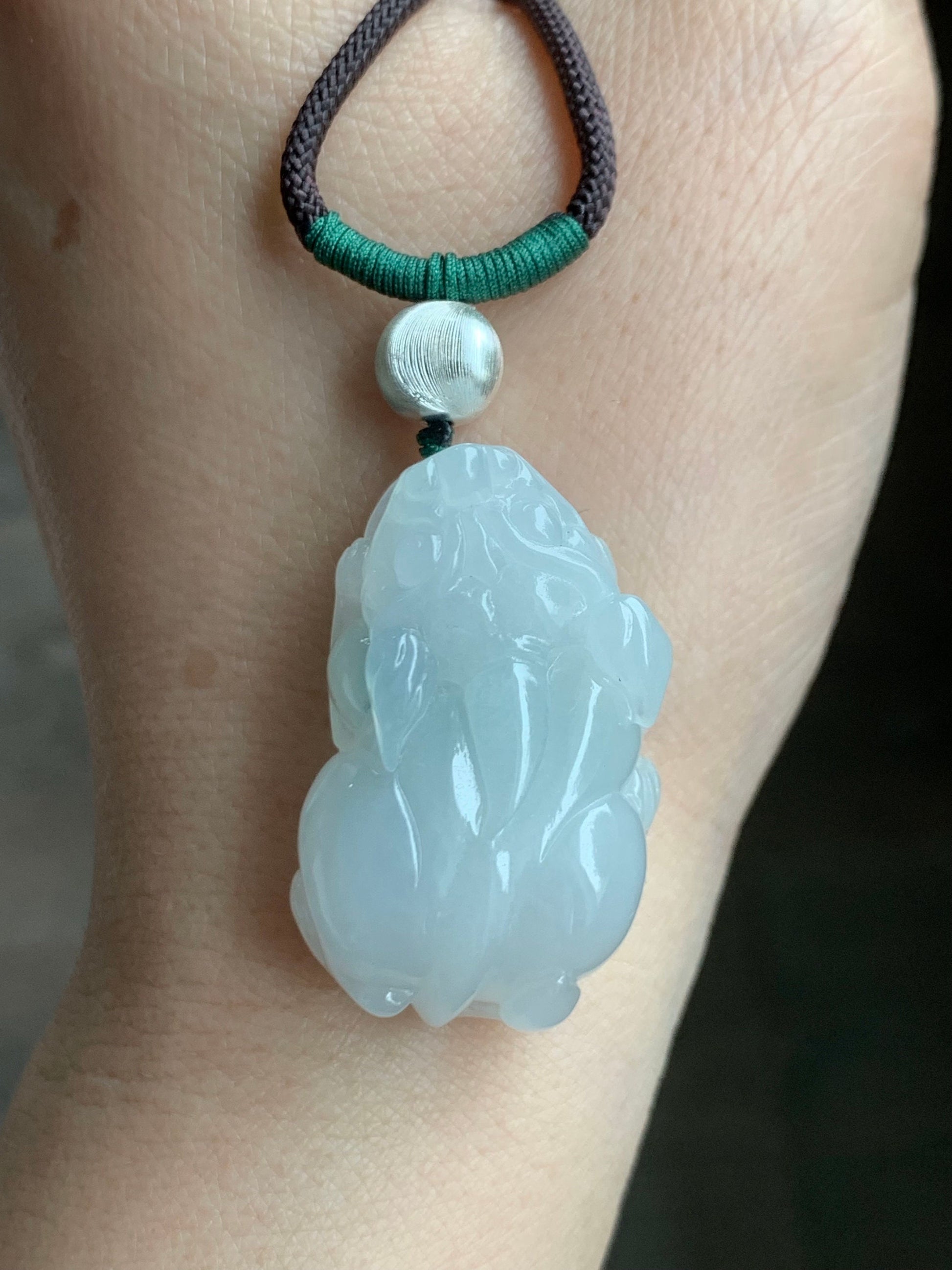 Natural Burmese Icy Translucent Gelatinous White Jadeite Pixiu Pendant Rope Necklace Sterling Silver 26" Adjustable 20g 天然缅甸白冰胶玛瑙底飘绿翡翠貔貅吊坠