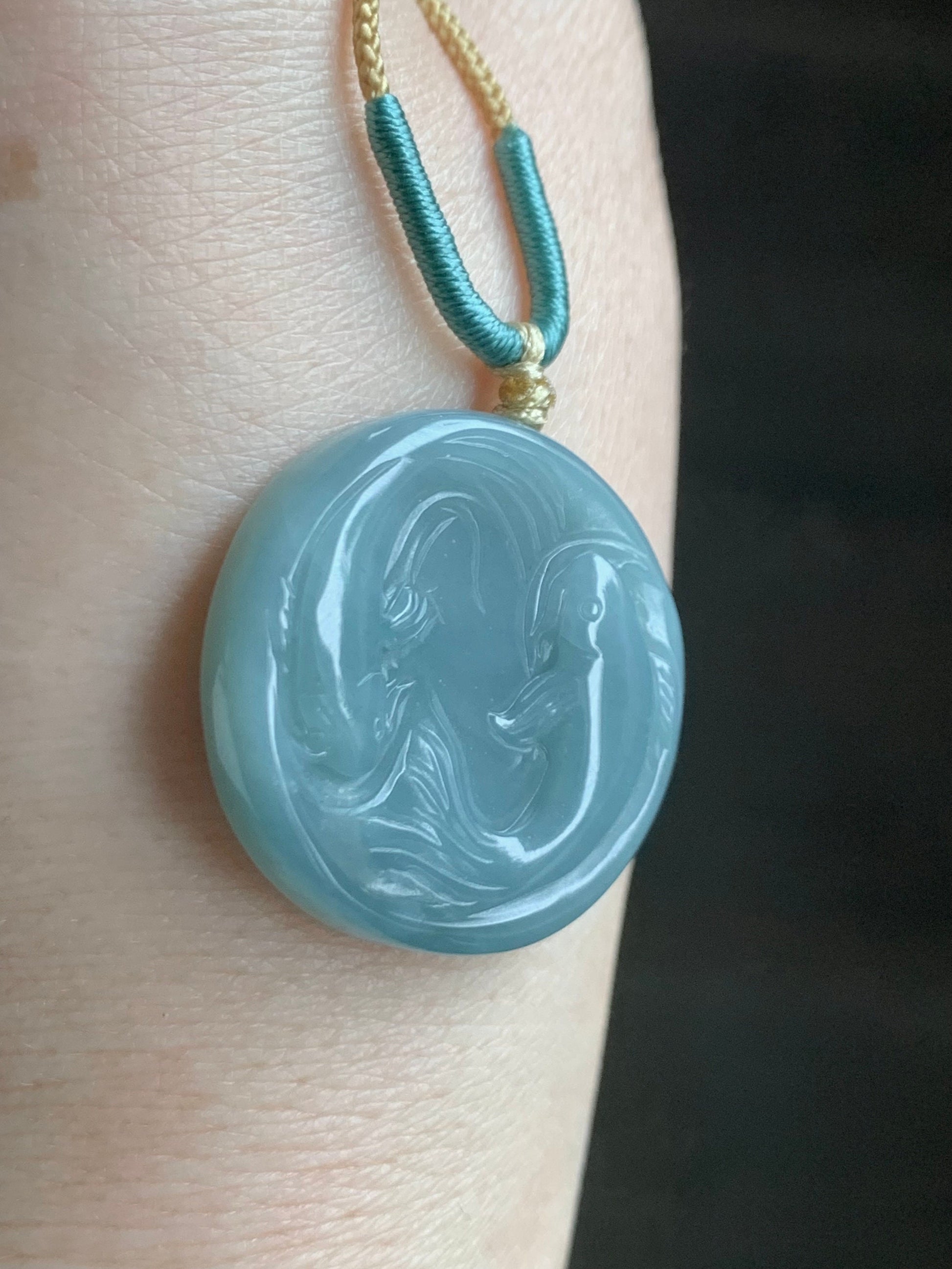 Natural Guatemalan Translucent Dusty Blue Jadeite Double Koi Fish Disc Pendant Rope Necklace 26” Adjustable 天然冰危淡蓝翡翠双鱼圆牌吊坠