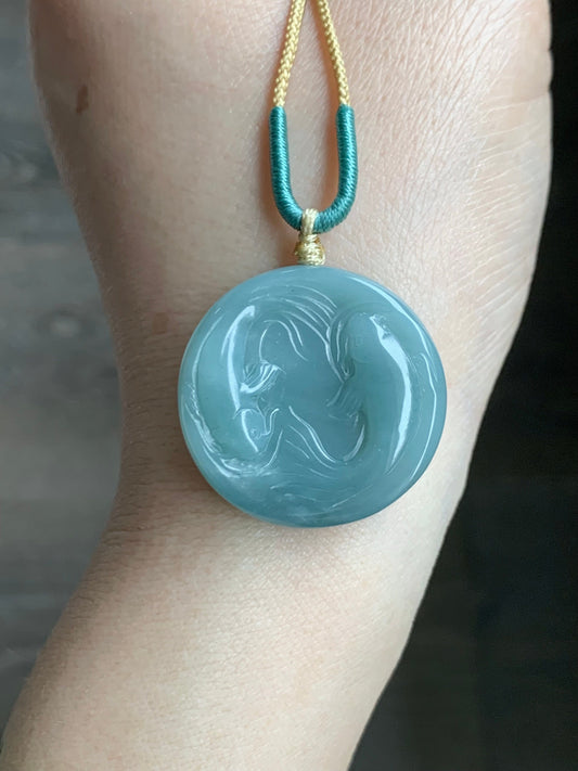 Natural Guatemalan Translucent Dusty Blue Jadeite Double Koi Fish Disc Pendant Rope Necklace 26” Adjustable 天然冰危淡蓝翡翠双鱼圆牌吊坠