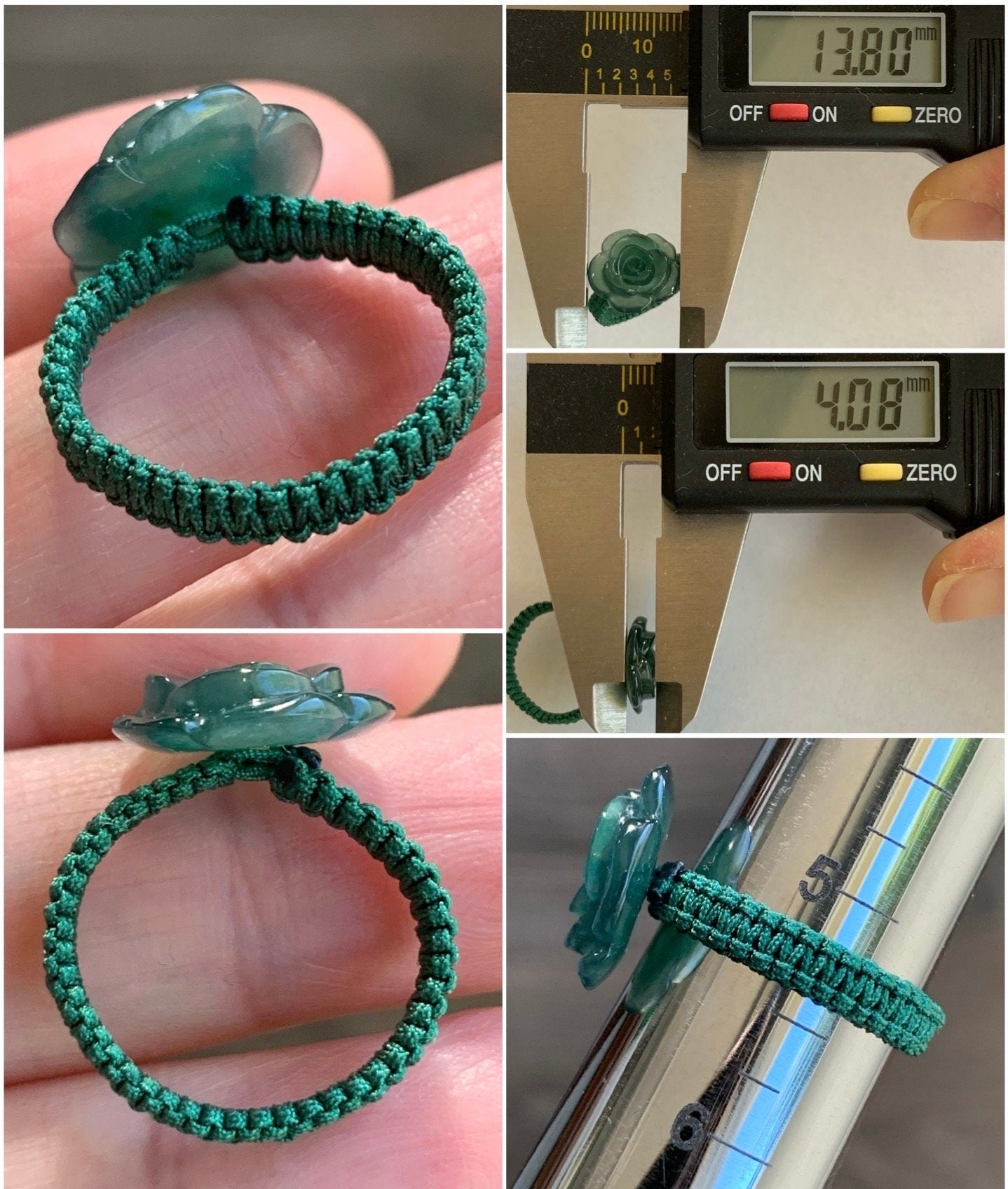 Natural Guatemalan Icy Highly Translucent Gelatinous Teal Green Jadeite Rose Flower Rope Band Ring Size 5.25 天然冰危湖水绿翡翠玫瑰花绳戒