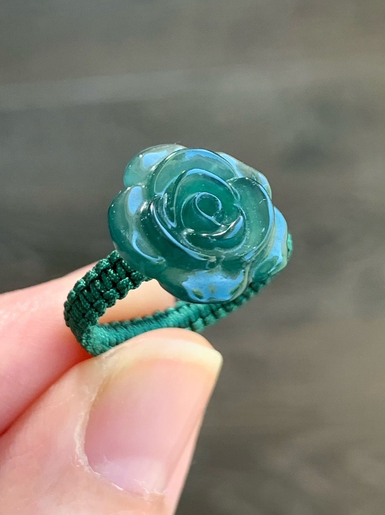 Natural Guatemalan Icy Highly Translucent Gelatinous Teal Green Jadeite Rose Flower Rope Band Ring Size 5.25 天然冰危湖水绿翡翠玫瑰花绳戒