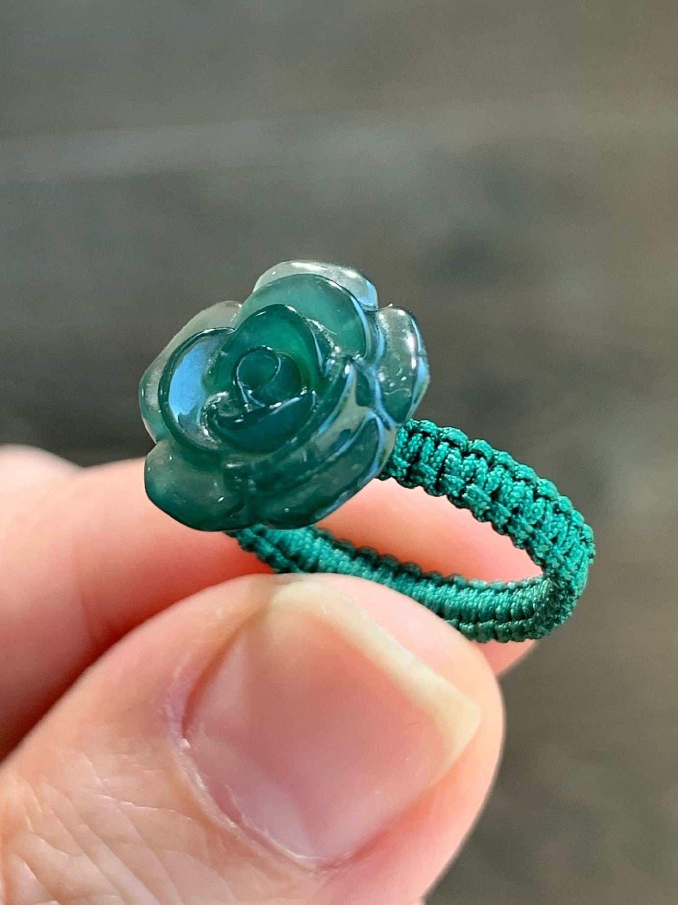 Natural Guatemalan Icy Highly Translucent Gelatinous Teal Green Jadeite Rose Flower Rope Band Ring Size 5.25 天然冰危湖水绿翡翠玫瑰花绳戒