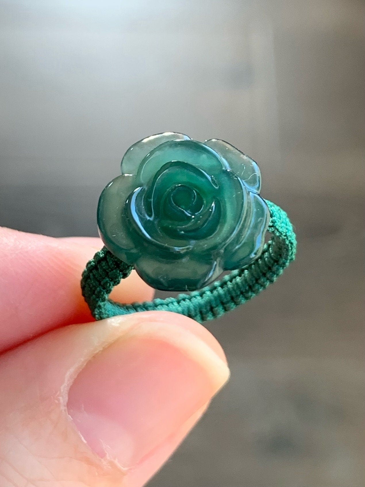 Natural Guatemalan Icy Highly Translucent Gelatinous Teal Green Jadeite Rose Flower Rope Band Ring Size 5.25 天然冰危湖水绿翡翠玫瑰花绳戒