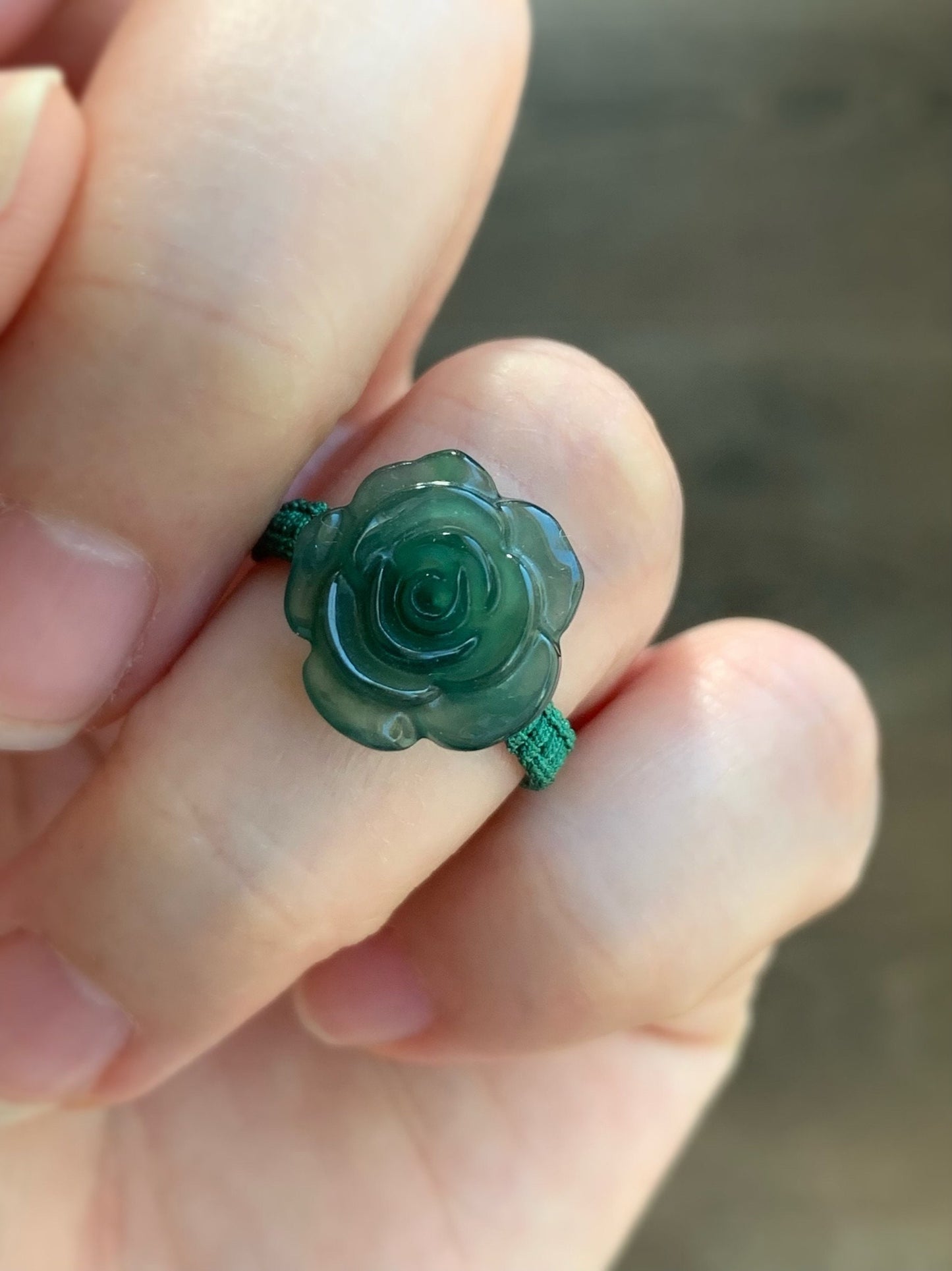 Natural Guatemalan Icy Highly Translucent Gelatinous Teal Green Jadeite Rose Flower Rope Band Ring Size 5.25 天然冰危湖水绿翡翠玫瑰花绳戒