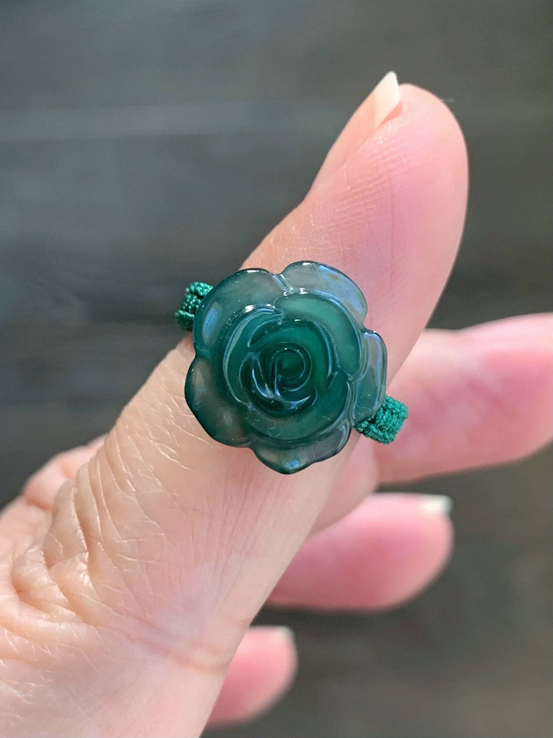 Natural Guatemalan Icy Highly Translucent Gelatinous Teal Green Jadeite Rose Flower Rope Band Ring Size 5.25 天然冰危湖水绿翡翠玫瑰花绳戒