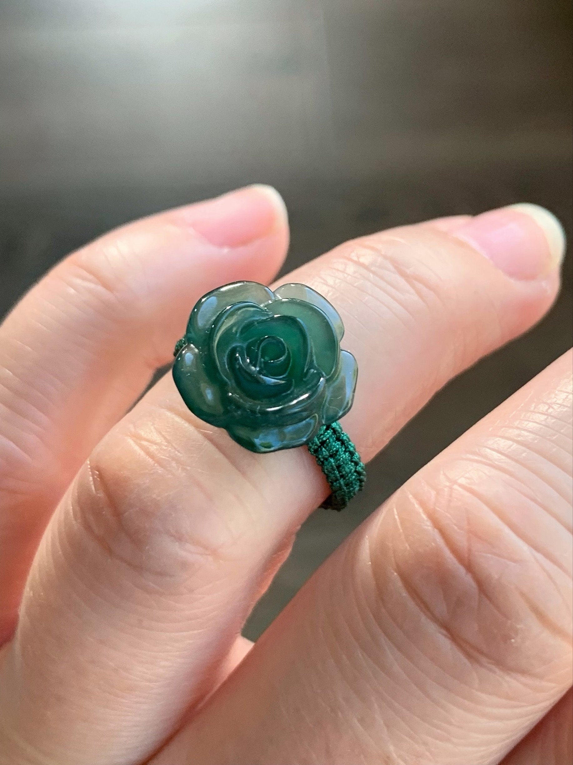 Natural Guatemalan Icy Highly Translucent Gelatinous Teal Green Jadeite Rose Flower Rope Band Ring Size 5.25 天然冰危湖水绿翡翠玫瑰花绳戒