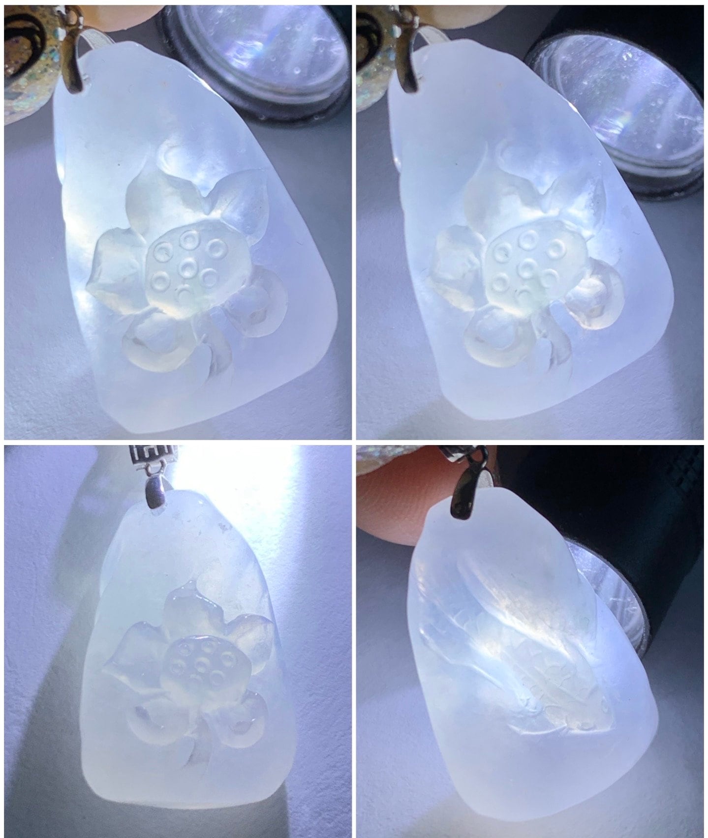 Natural Burmese Premium Icy Translucent Gelatinous White Jadeite Lotus Flower & Koi Fish Pendant 18K White Gold Bail 天然缅甸正冰白冰翡翠莲花鱼镶嵌吊坠