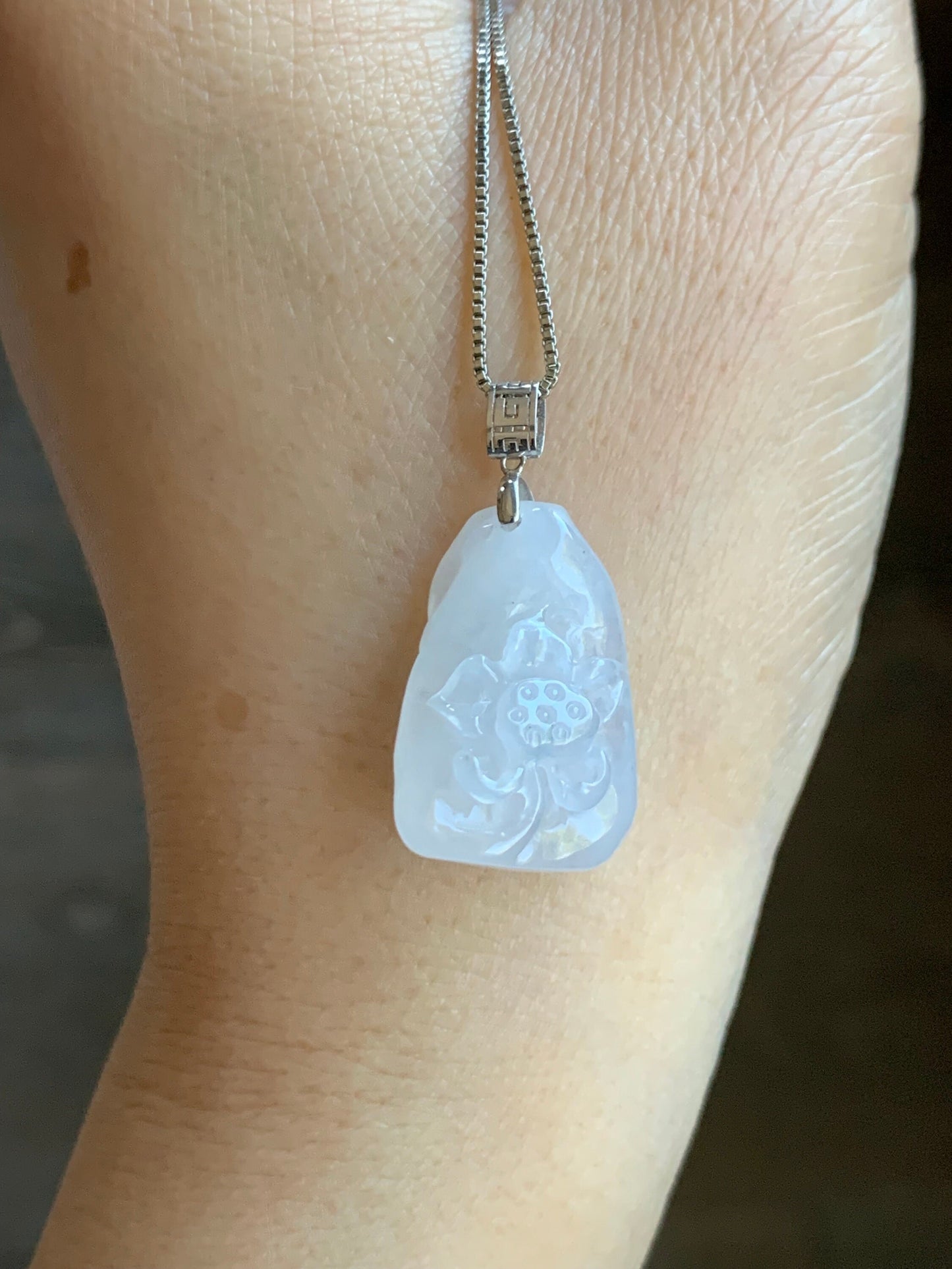 Natural Burmese Premium Icy Translucent Gelatinous White Jadeite Lotus Flower & Koi Fish Pendant 18K White Gold Bail 天然缅甸正冰白冰翡翠莲花鱼镶嵌吊坠