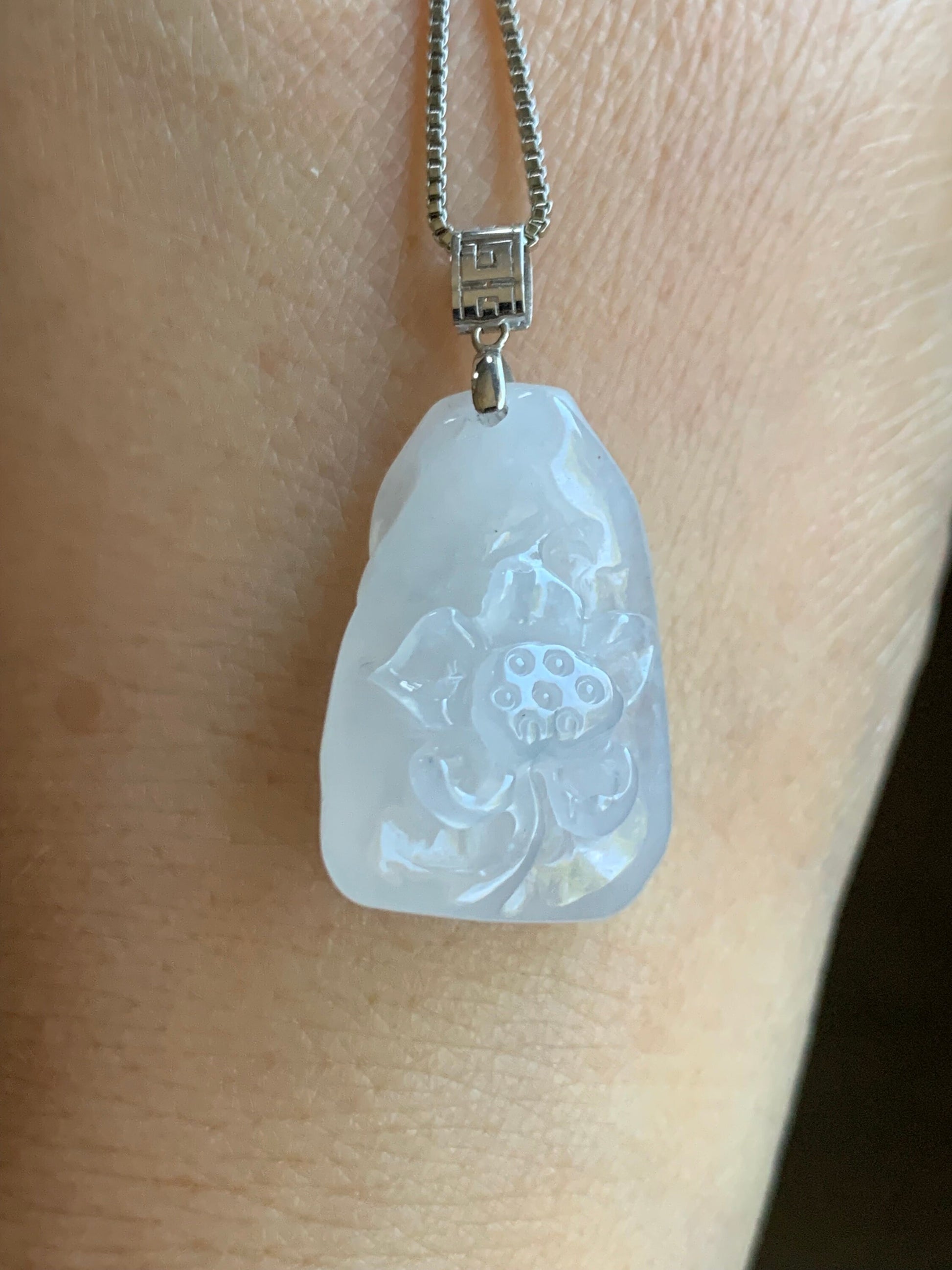 Natural Burmese Premium Icy Translucent Gelatinous White Jadeite Lotus Flower & Koi Fish Pendant 18K White Gold Bail 天然缅甸正冰白冰翡翠莲花鱼镶嵌吊坠