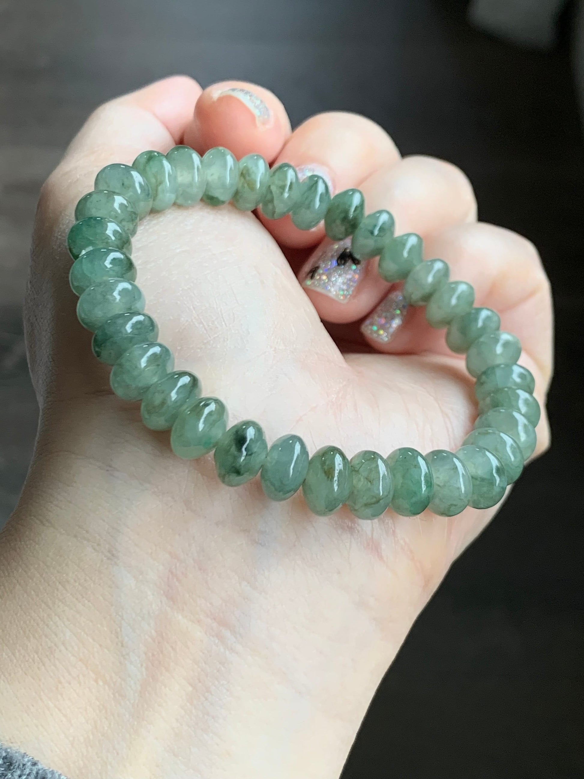 Natural Burmese Icy Translucent Light Green Jadeite Dark Green Marbling Drum Beads Beaded Bracelet Stretchy 6.5” 25g 天然缅甸冰胶晴底飘花翡翠鼓珠手串 31424