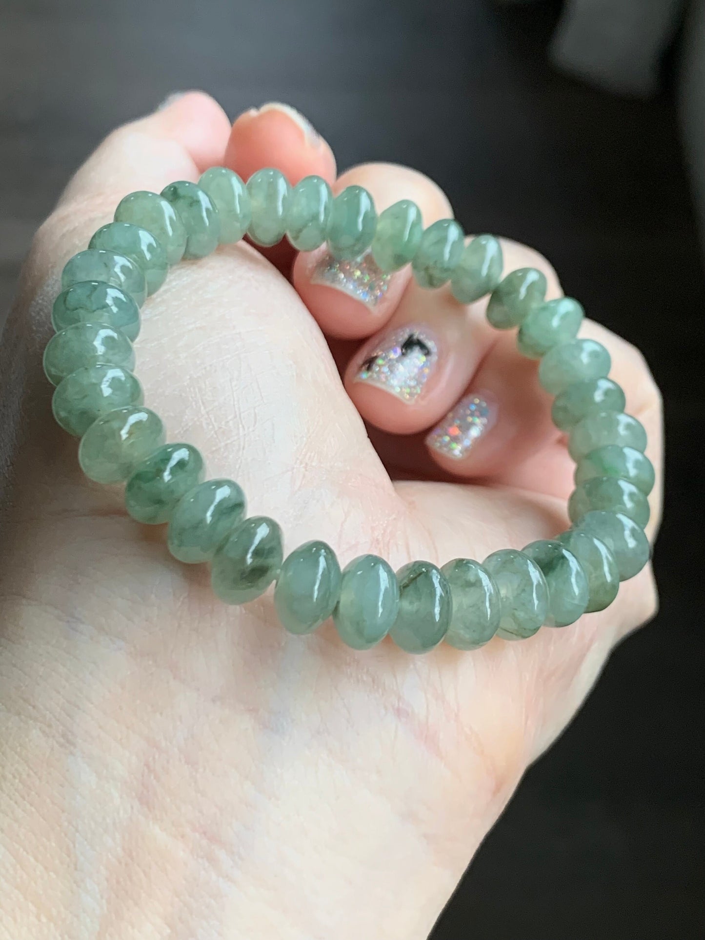 Natural Burmese Icy Translucent Light Green Jadeite Dark Green Marbling Drum Beads Beaded Bracelet Stretchy 6.5” 25g 天然缅甸冰胶晴底飘花翡翠鼓珠手串 31424