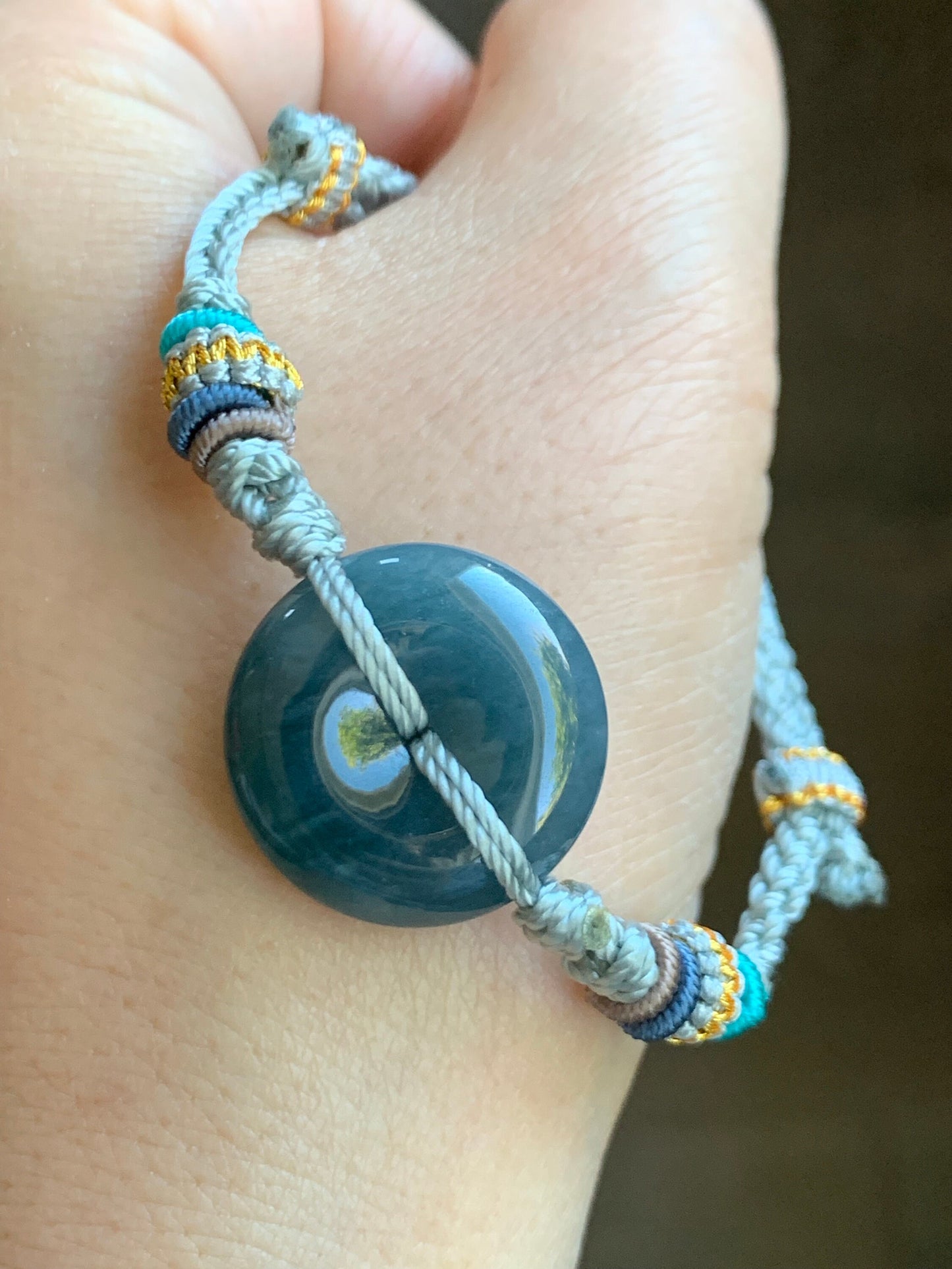 Natural Guatemalan Icy Translucent Deep Blue Jadeite Ping An Kou Donut Rope Bracelet Adjustable up to 9" 天然冰危牛仔蓝翡翠平安扣手绳