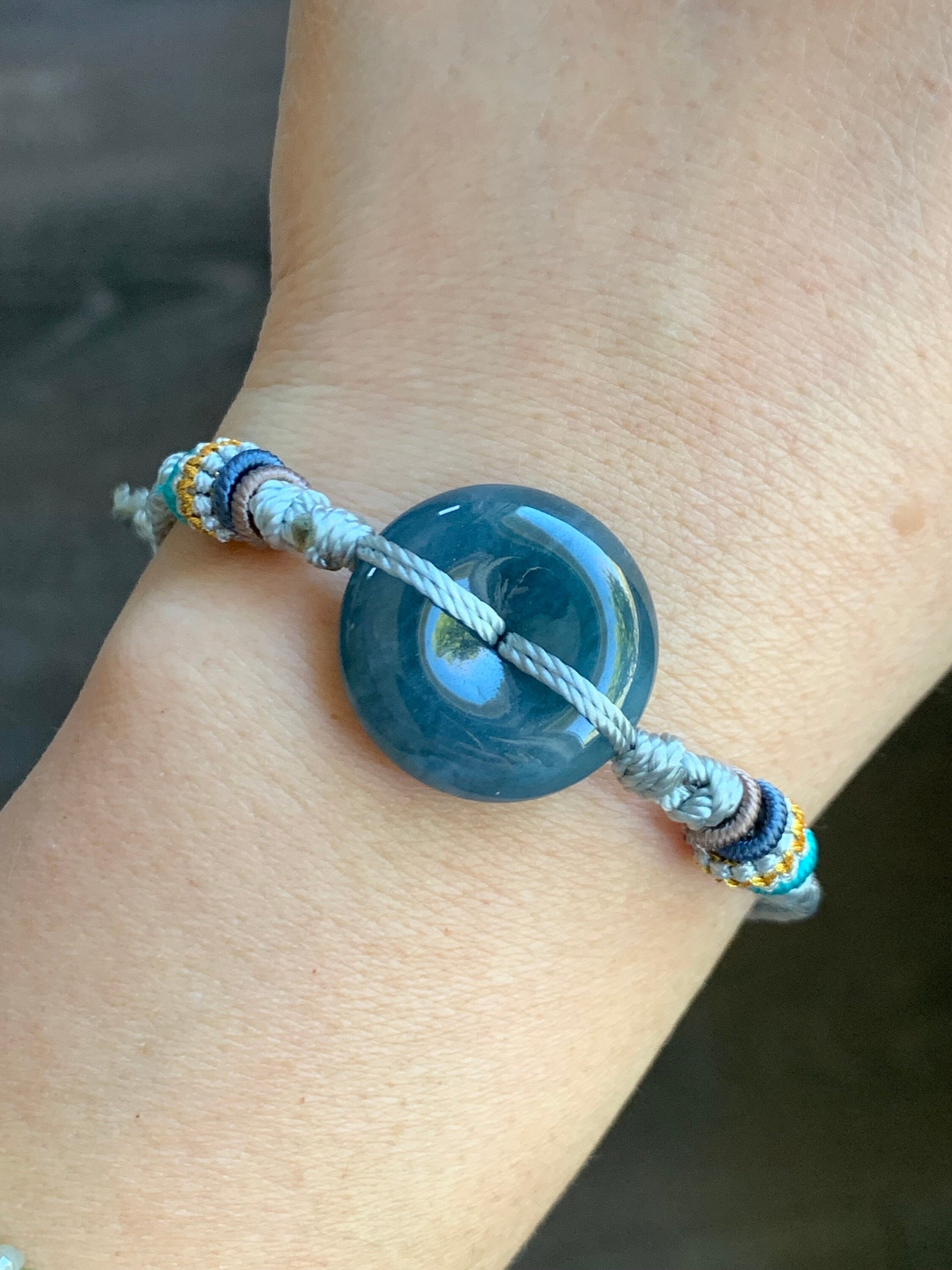 Natural Guatemalan Icy Translucent Deep Blue Jadeite Ping An Kou Donut Rope Bracelet Adjustable up to 9" 天然冰危牛仔蓝翡翠平安扣手绳