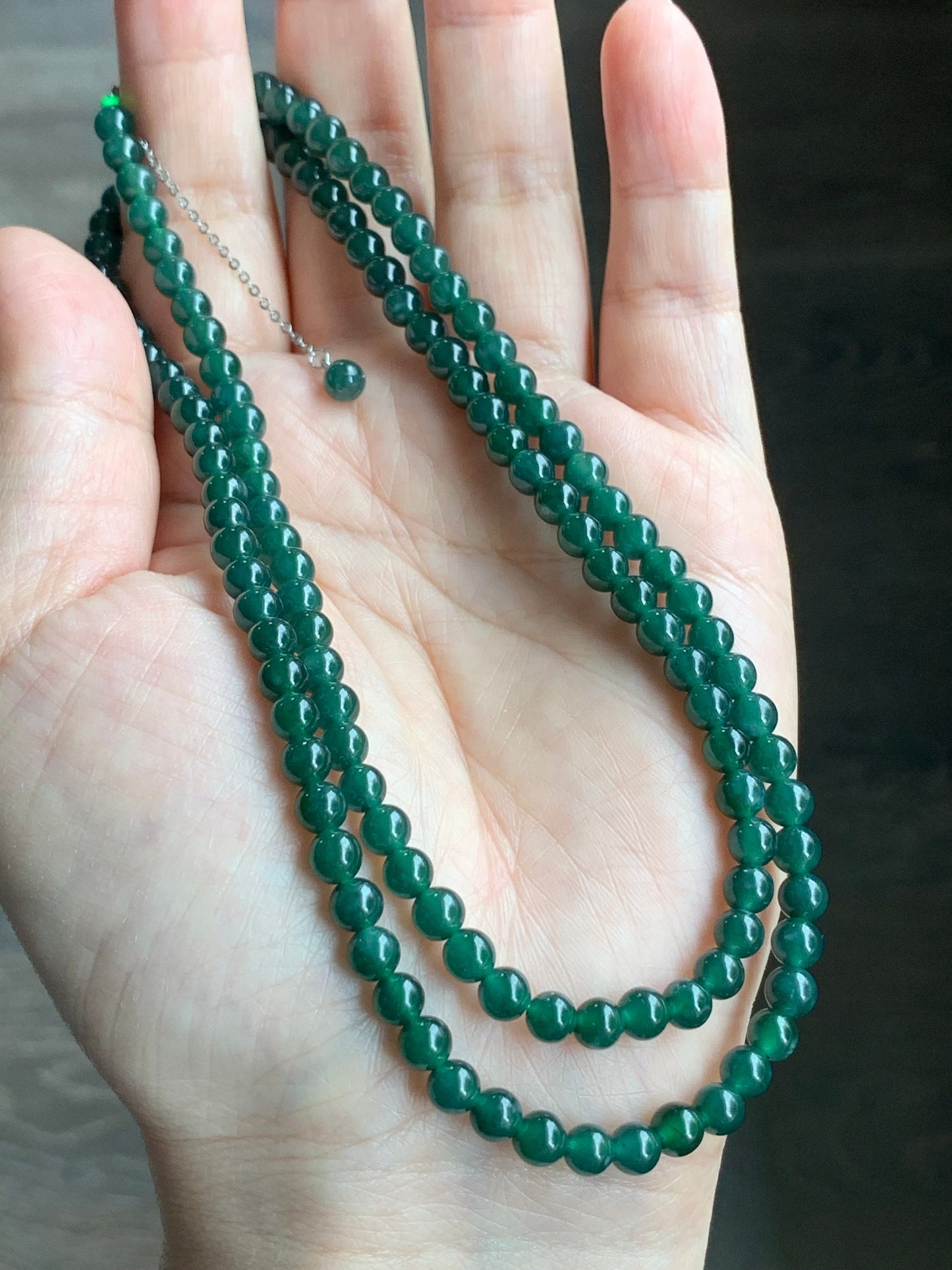 Natural Guatemalan Icy Translucent Teal Green Jadeite Petite Beads Beaded Necklace Sterling Silver Clasp 5mm 24” 天然冰危蓝绿翡翠小圆珠项链 XWL229