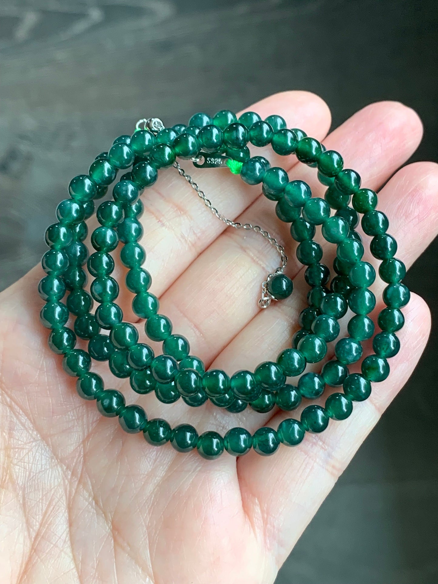 Natural Guatemalan Icy Translucent Teal Green Jadeite Petite Beads Beaded Necklace Sterling Silver Clasp 5mm 24” 天然冰危蓝绿翡翠小圆珠项链 XWL229