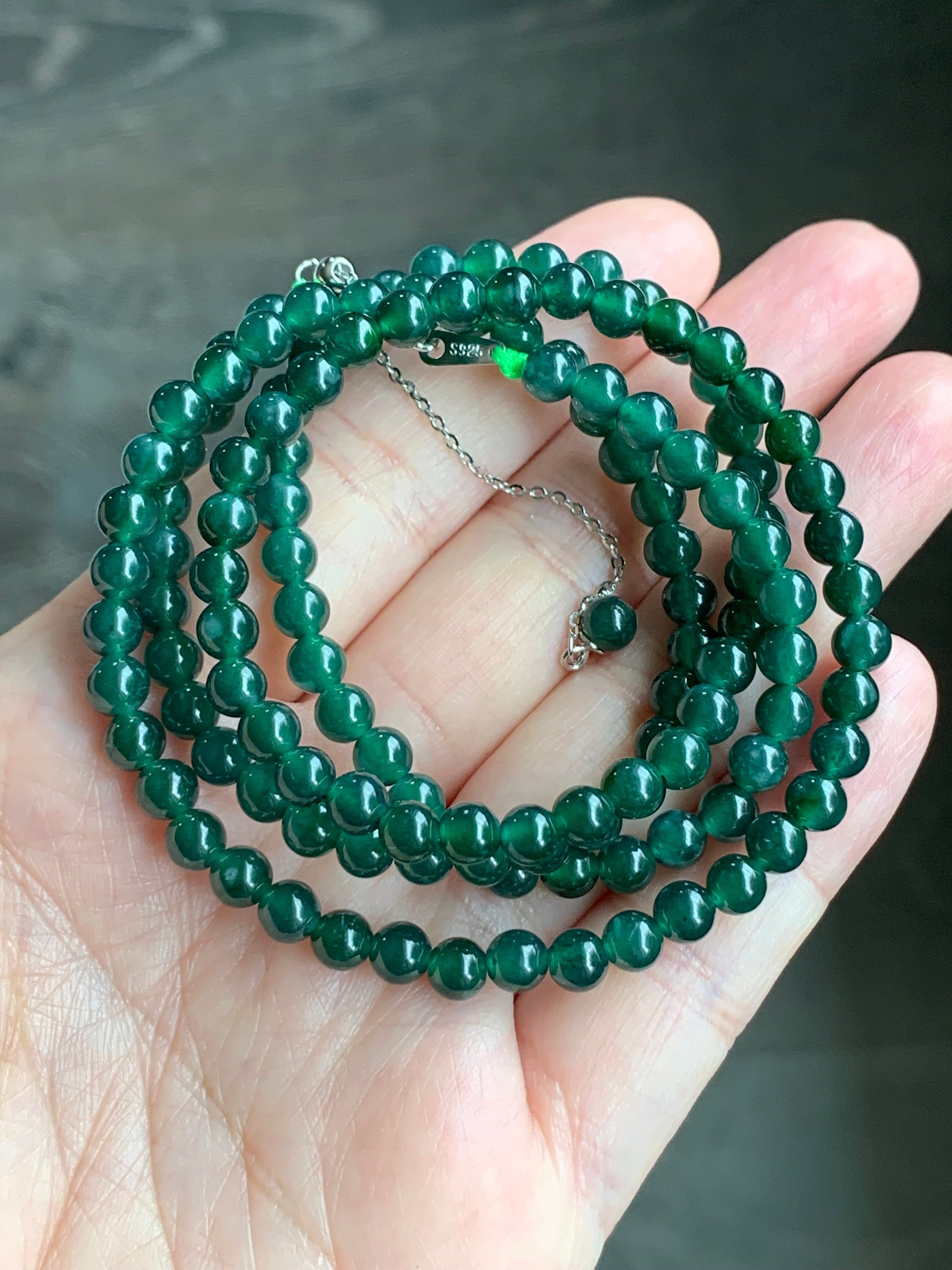 Natural Guatemalan Icy Translucent Teal Green Jadeite Petite Beads Beaded Necklace Sterling Silver Clasp 5mm 24” 天然冰危蓝绿翡翠小圆珠项链 XWL229