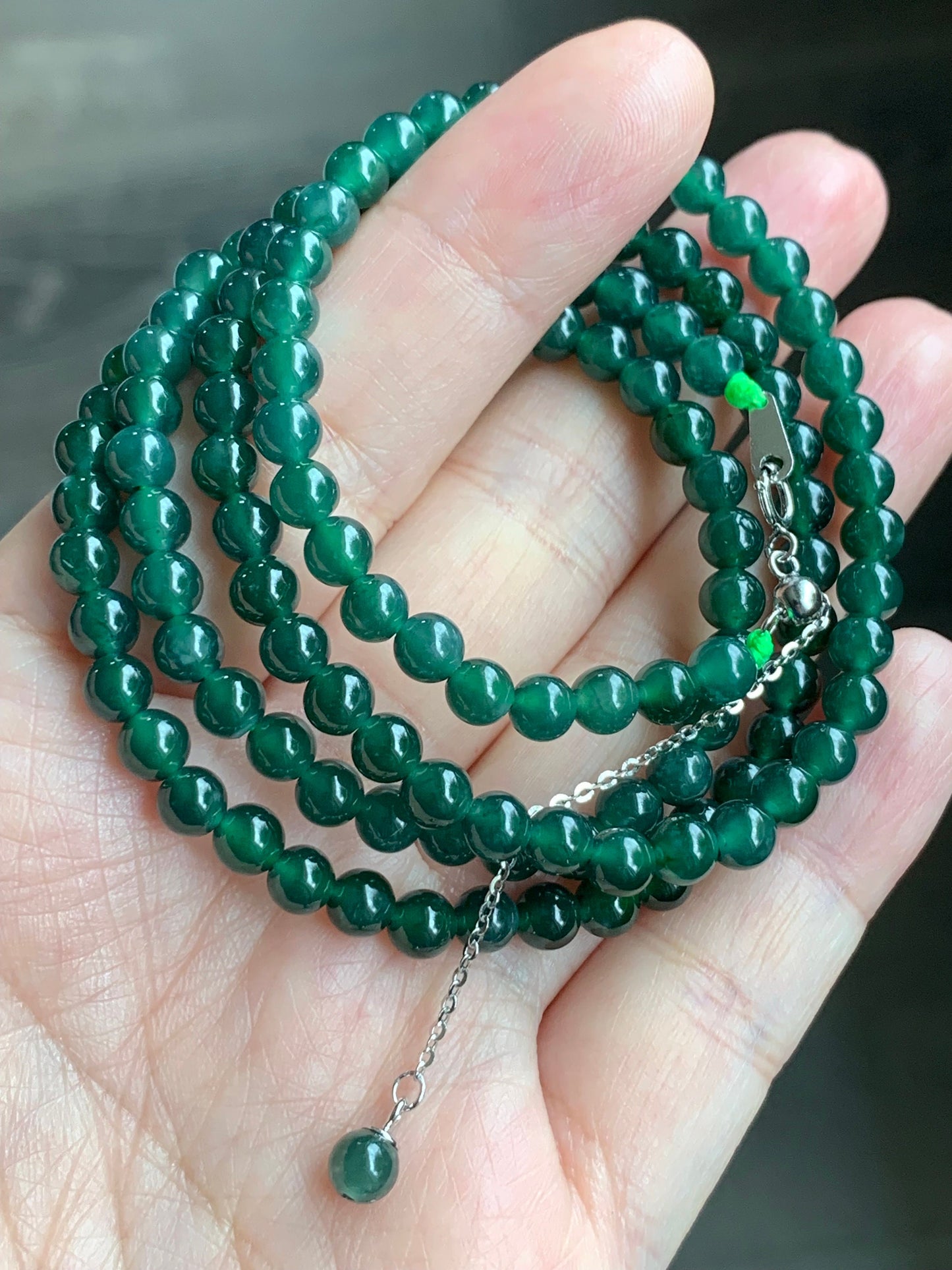 Natural Guatemalan Icy Translucent Teal Green Jadeite Petite Beads Beaded Necklace Sterling Silver Clasp 5mm 24” 天然冰危蓝绿翡翠小圆珠项链 XWL229