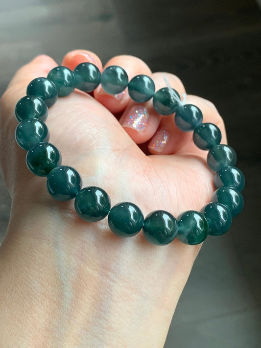 Certified Natural Guatemalan Icy Highly Translucent Dark Indigo Blue Jadeite Beaded Bracelet 10mm 7.5” 35.6g 天然老种冰危深蓝翡翠圆珠手串 7086