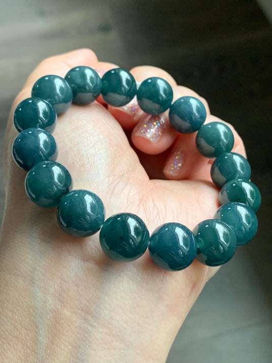 Certified Natural Guatemalan Icy Translucent Deep Blue Jadeite Large Beads Beaded Bracelet 12.3mm 7.25” 52g 天然老种冰危深蓝翡翠大卡圆珠手串 7087