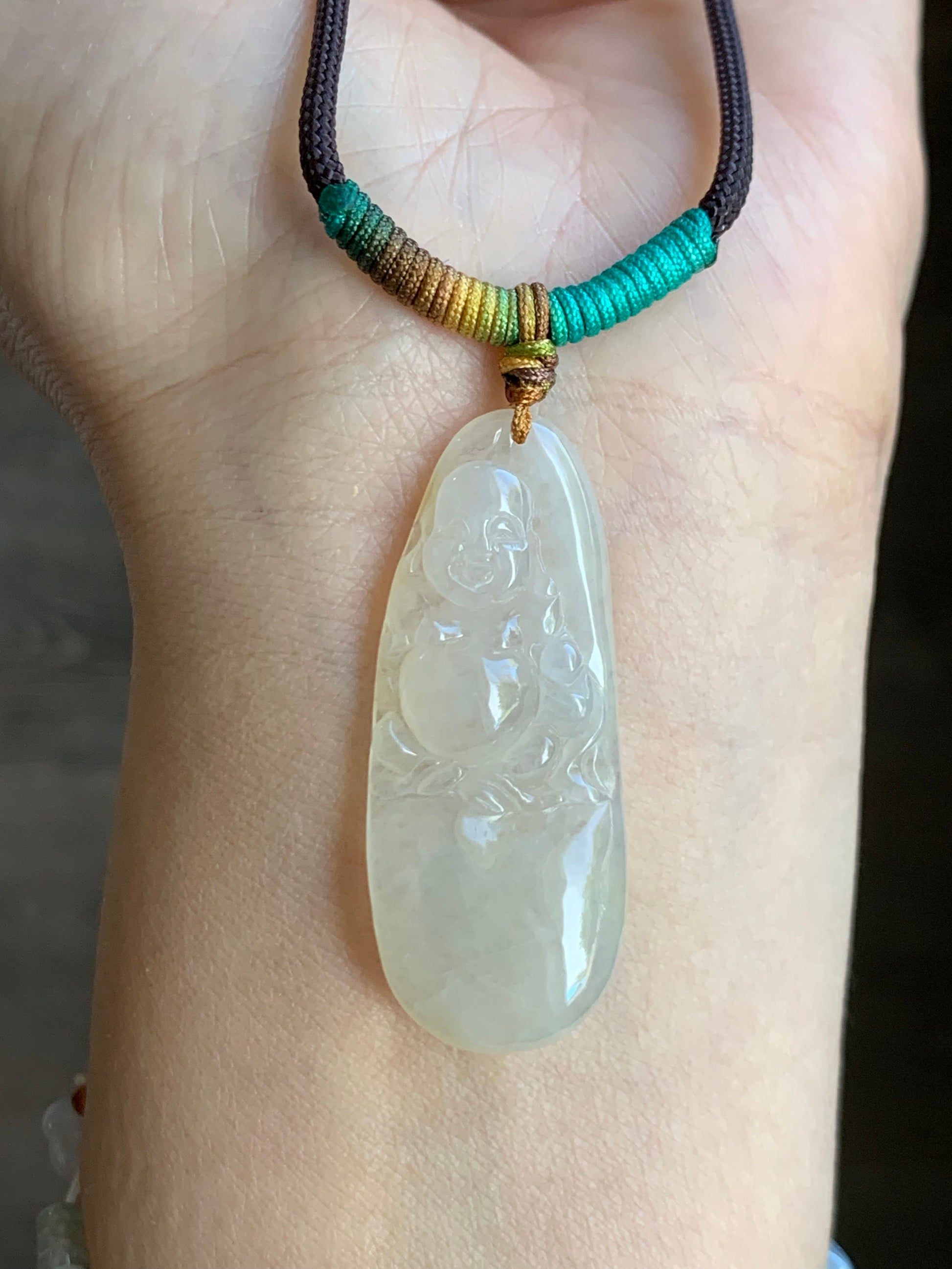 Natural Burmese Grade A Icy Translucent Yellow Sugar Jadeite Buddha Pendant Rope Necklace 26" Adjustable 天然缅甸冰糖雪梨黄翡翠佛公吊坠